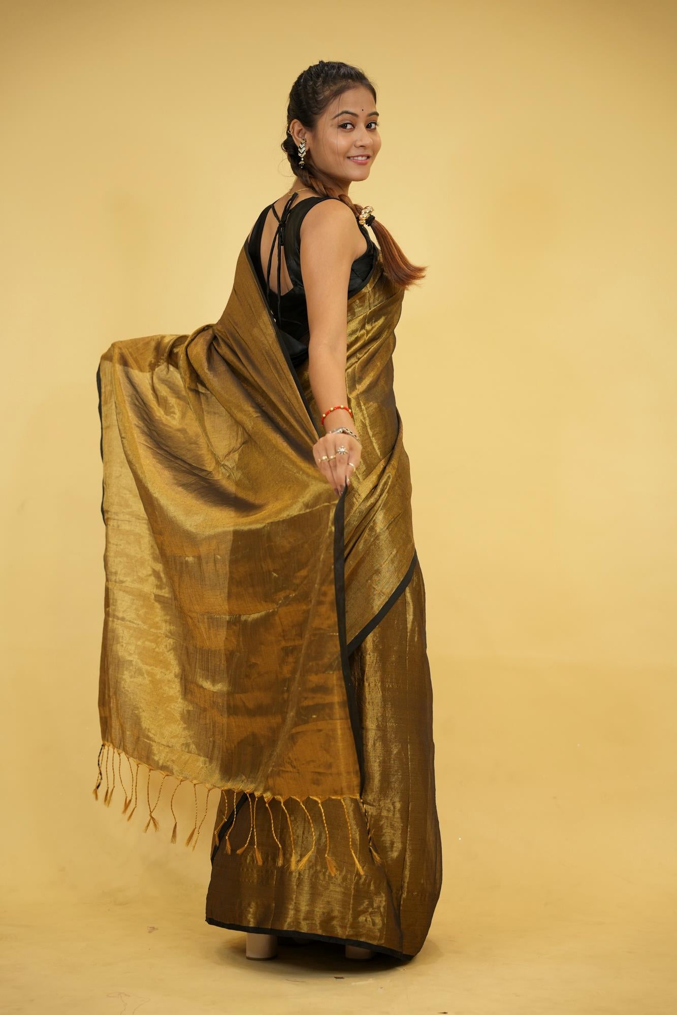 Tissue Linen in "Dhup Chav" Golden Finish with Black Border Ready To Wear Saree