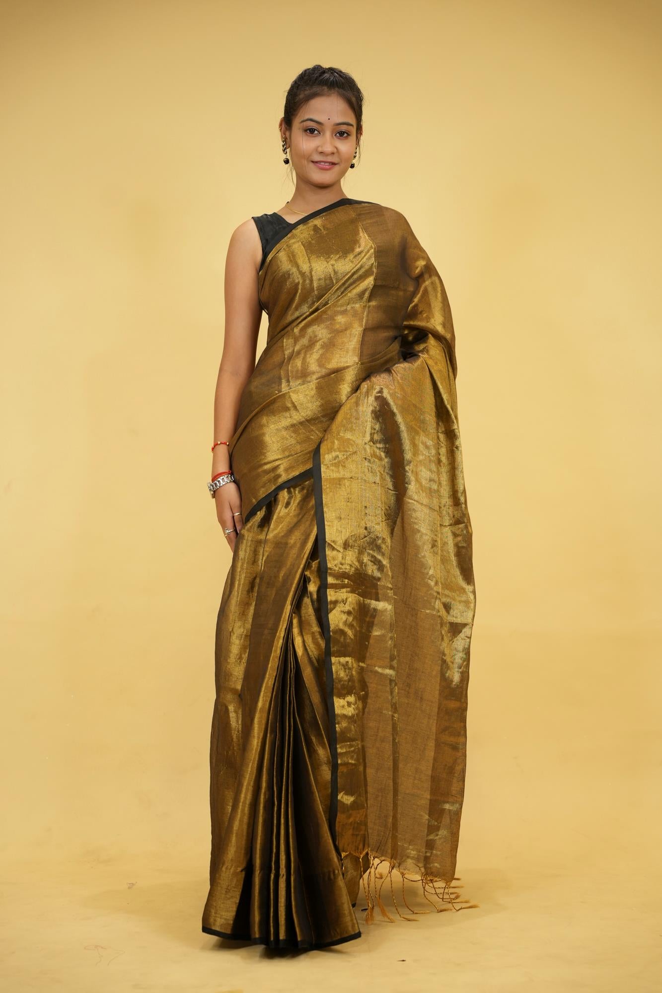 Tissue Linen in "Dhup Chav" Golden Finish with Black Border Ready To Wear Saree