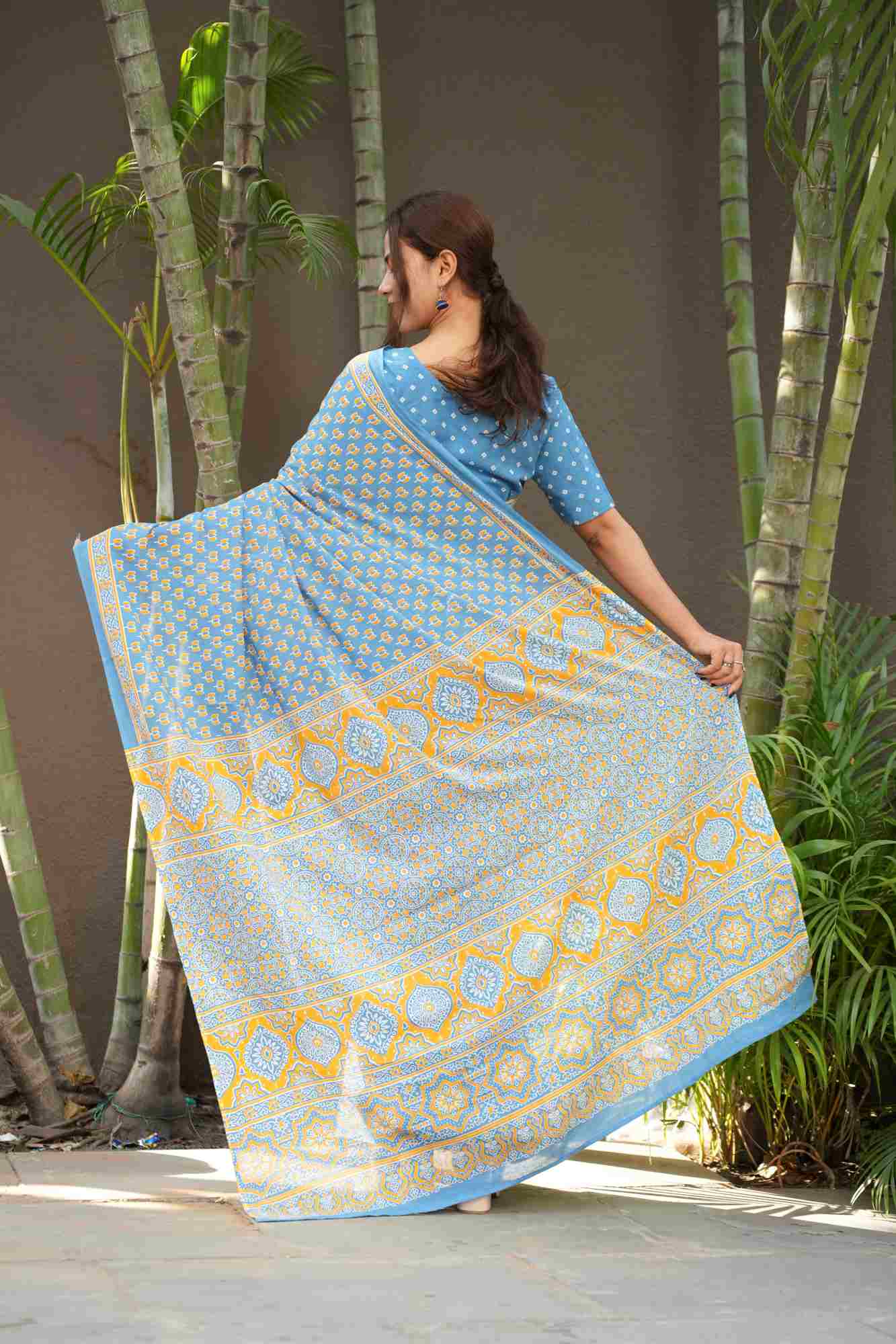 Light Blue Cotton Saree with Floral Hand Block Print Ready To Wear Saree