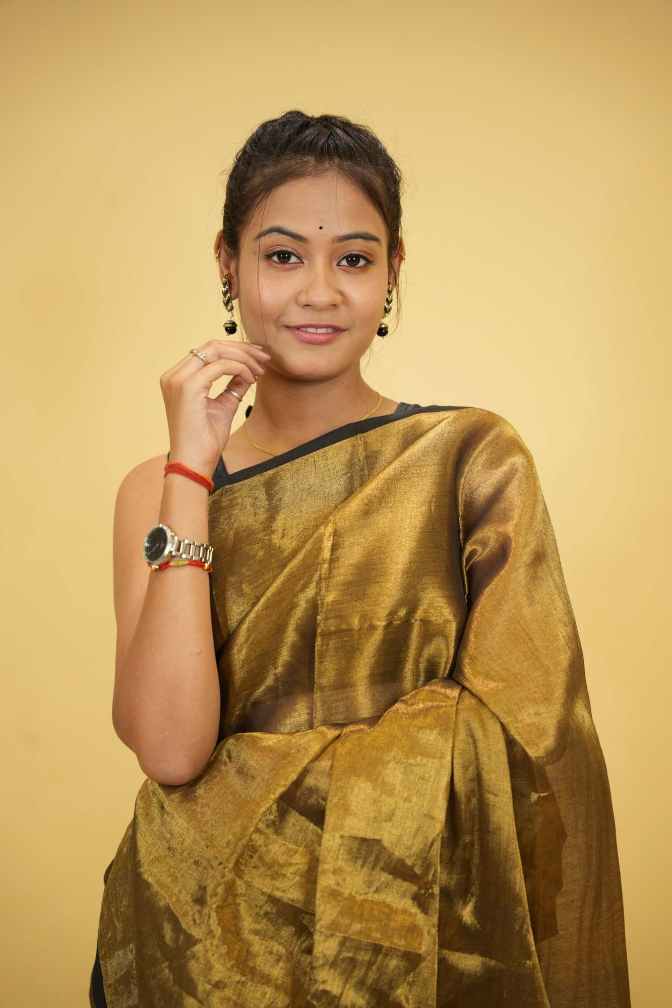 Tissue Linen in "Dhup Chav" Golden Finish with Black Border Ready To Wear Saree