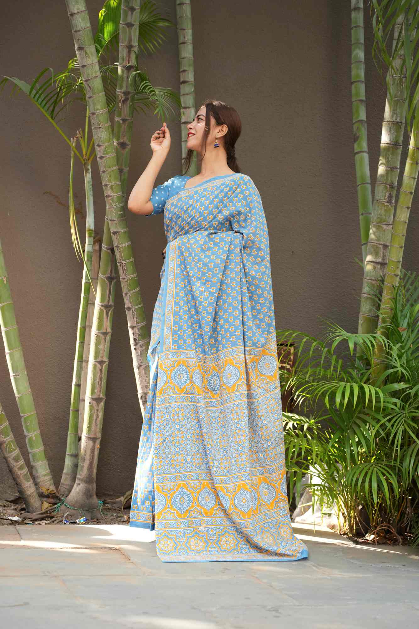 Light Blue Cotton Saree with Floral Hand Block Print Ready To Wear Saree