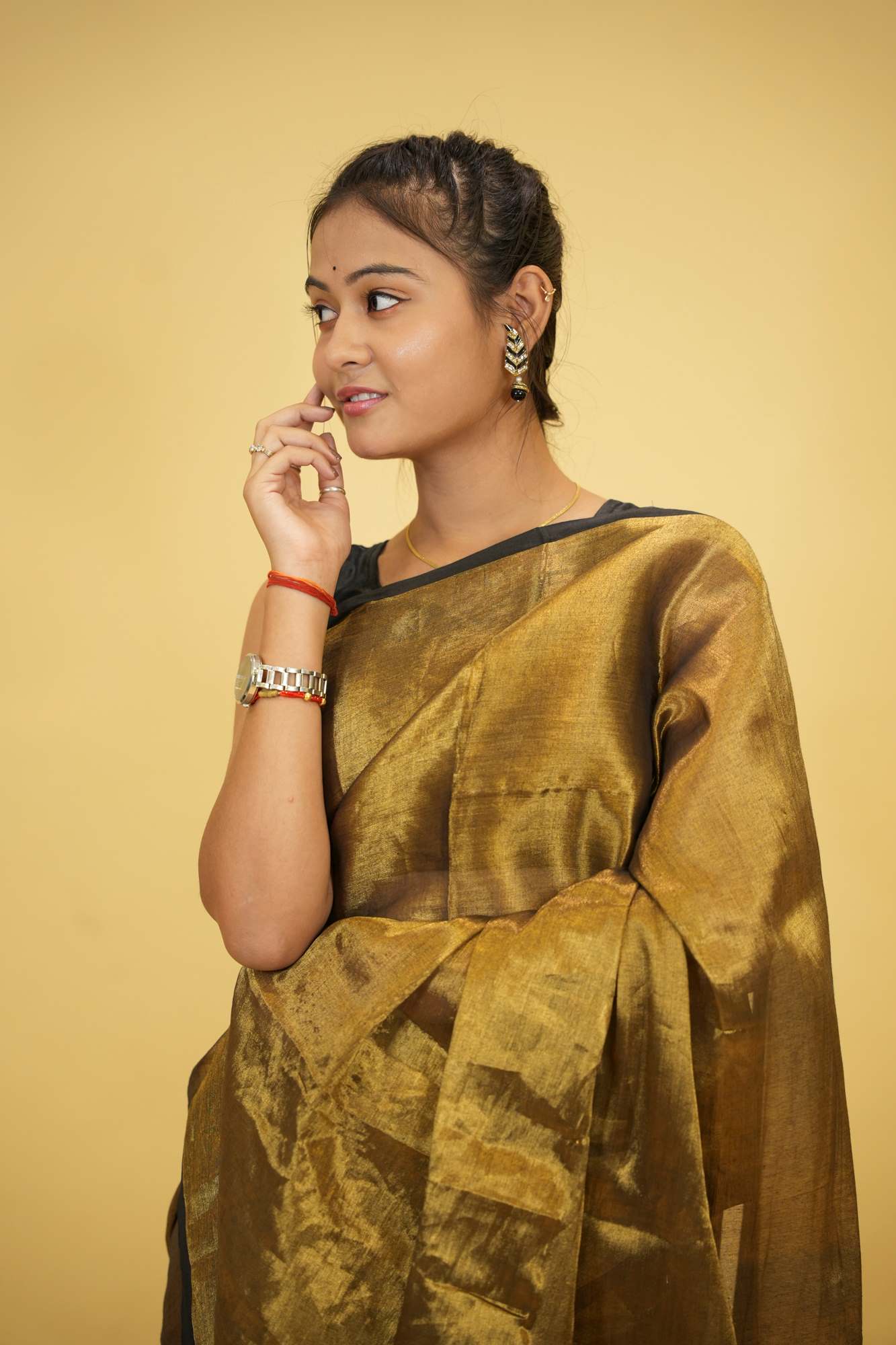 Tissue Linen in "Dhup Chav" Golden Finish with Black Border Ready To Wear Saree