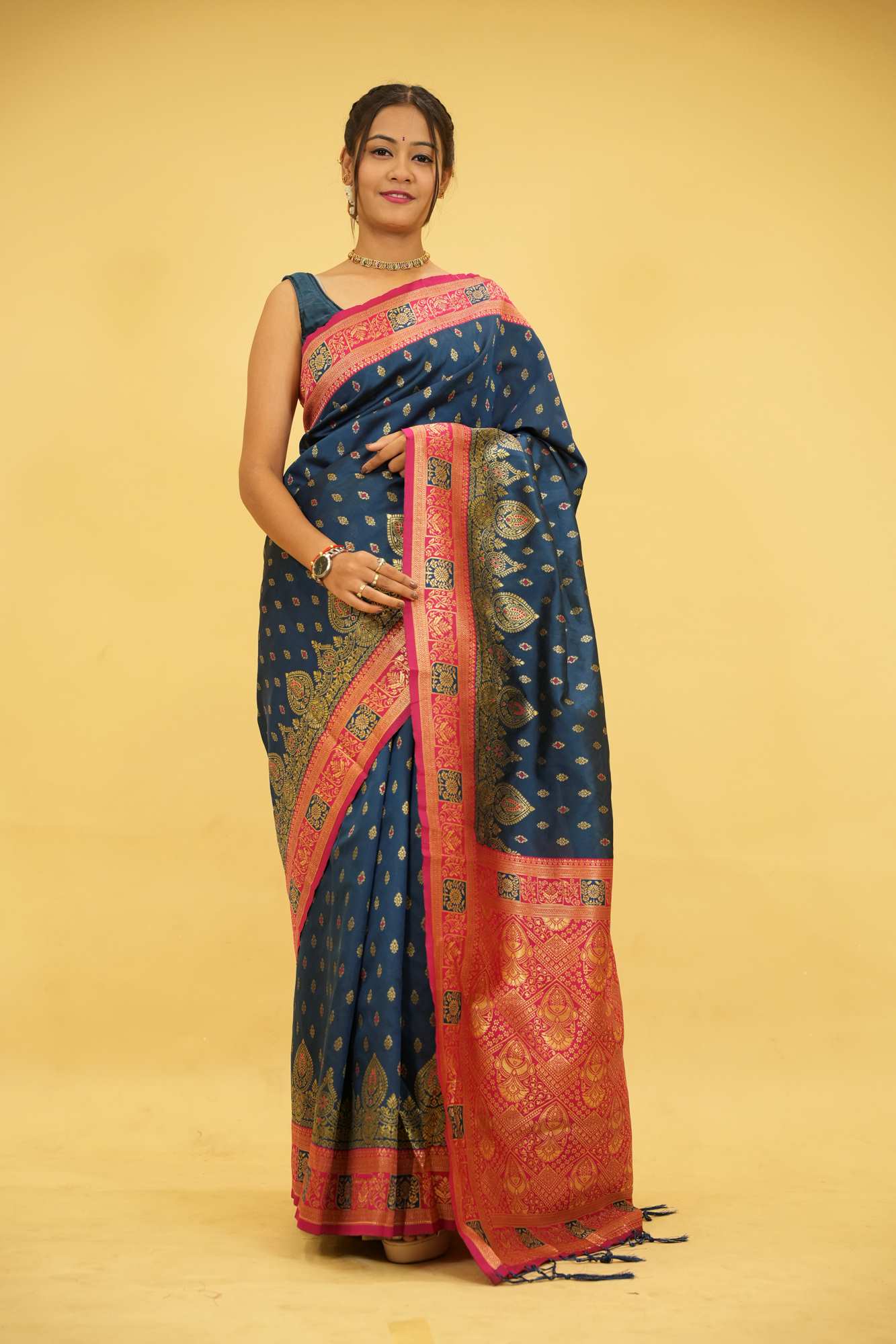 Dharamwaram Weave Prestitched Saree With Ornate Meenakari Detailing – Luxury Ready-to-Wear Elegance