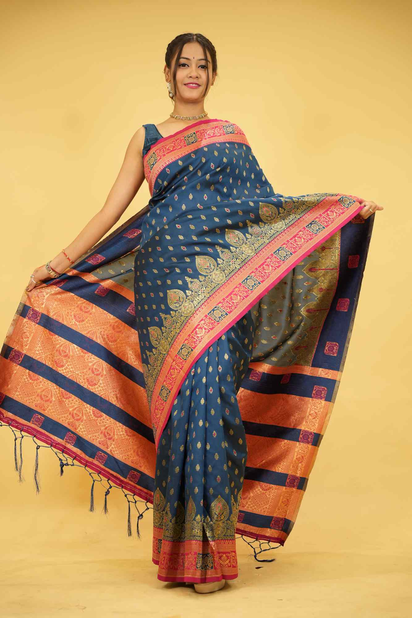 Dharamwaram Weave Prestitched Saree With Ornate Meenakari Detailing – Luxury Ready-to-Wear Elegance