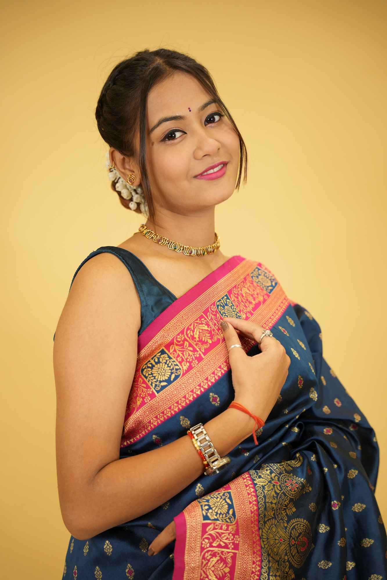 Dharamwaram Weave Prestitched Saree With Ornate Meenakari Detailing – Luxury Ready-to-Wear Elegance