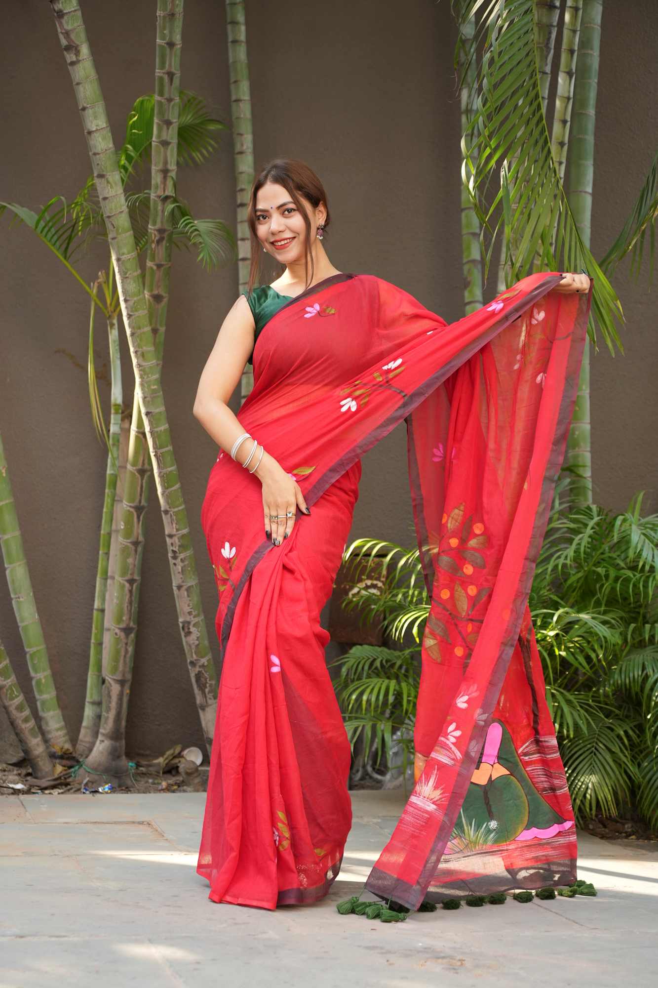Hand-Painted Mulmul Cotton with Floral paint and Tassels Border Ready To Wear Saree