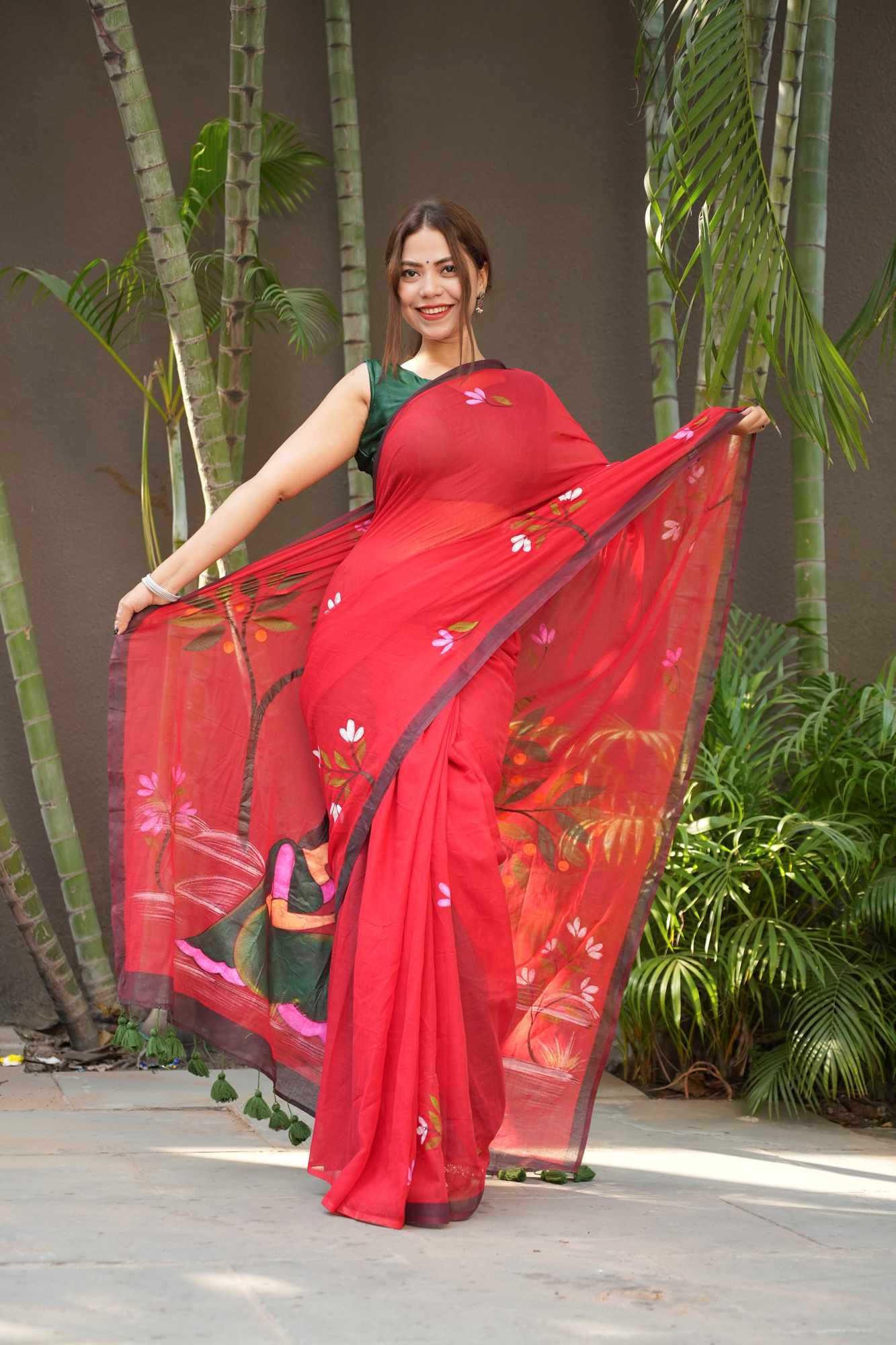 Hand-Painted Mulmul Cotton with Floral paint and Tassels Border Ready To Wear Saree