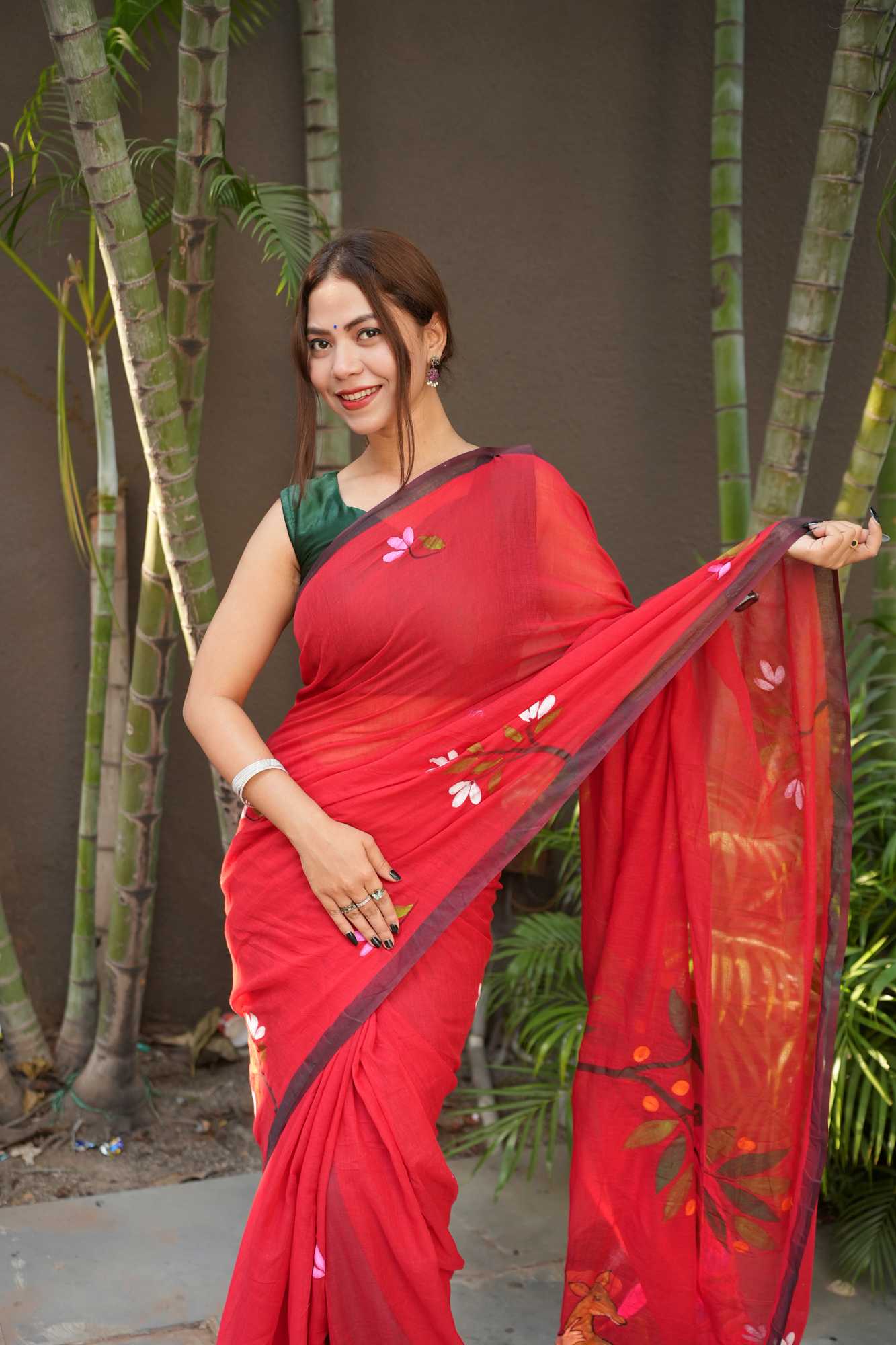 Hand-Painted Mulmul Cotton with Floral paint and Tassels Border Ready To Wear Saree