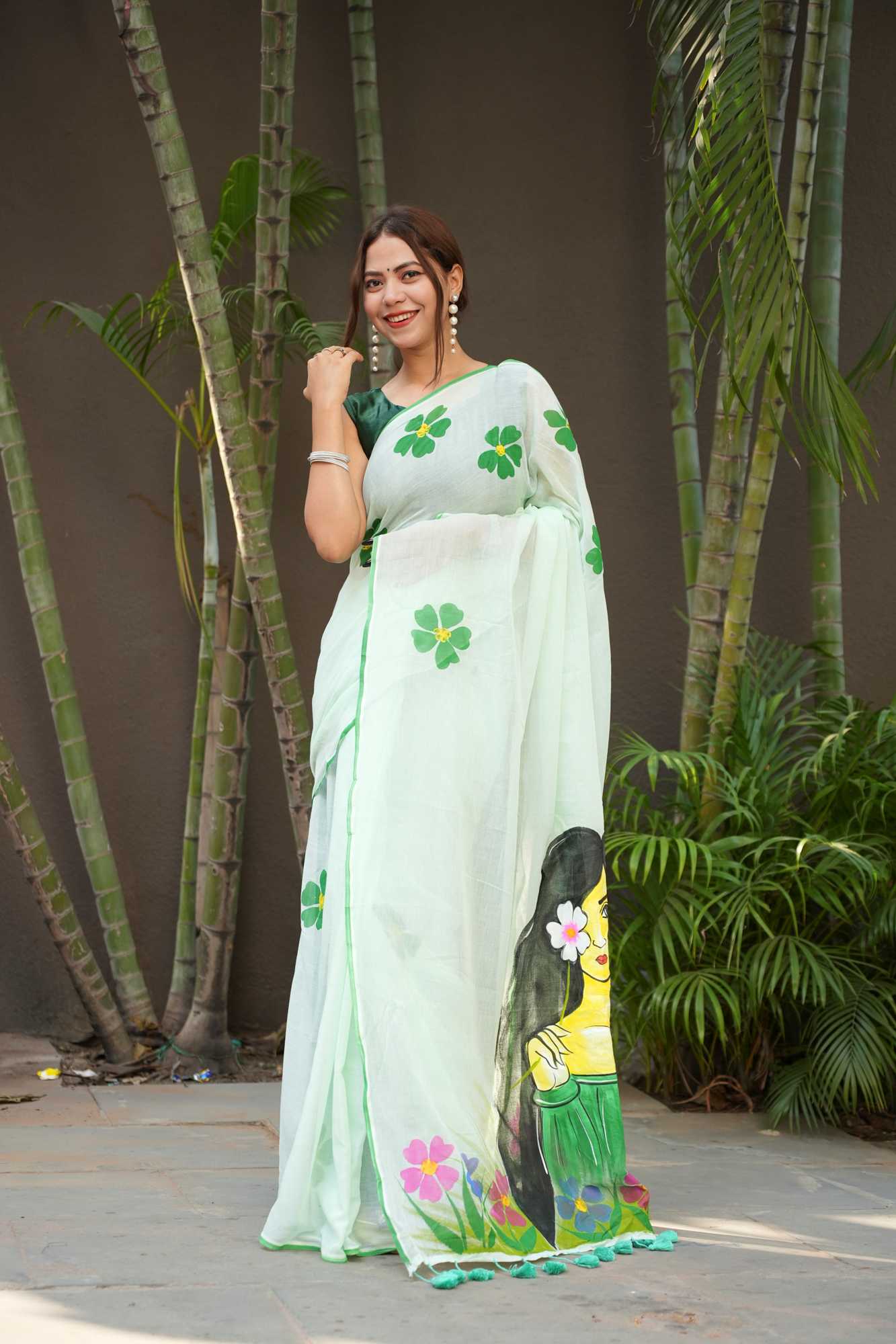 Hand-Painted Woman & Floral Mulmul Cotton Ready To Wear Saree