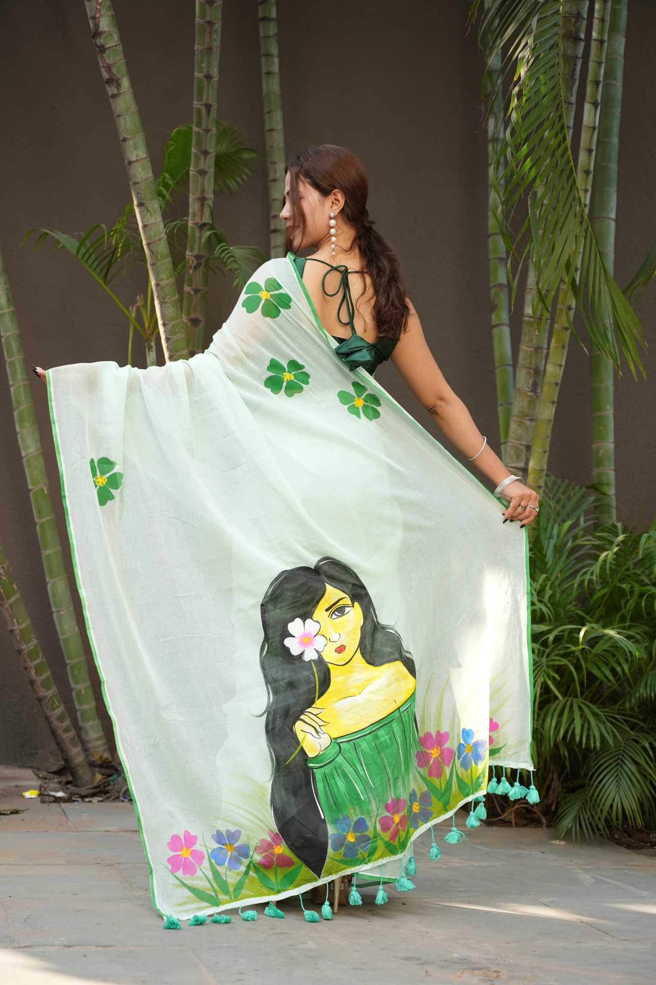 Hand-Painted Woman & Floral Mulmul Cotton Ready To Wear Saree