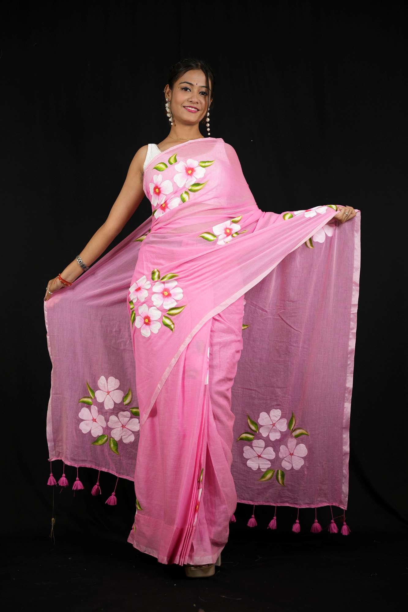 Light Pink Hand-Painted with Delicate Floral Motifs Ready To Wear Saree