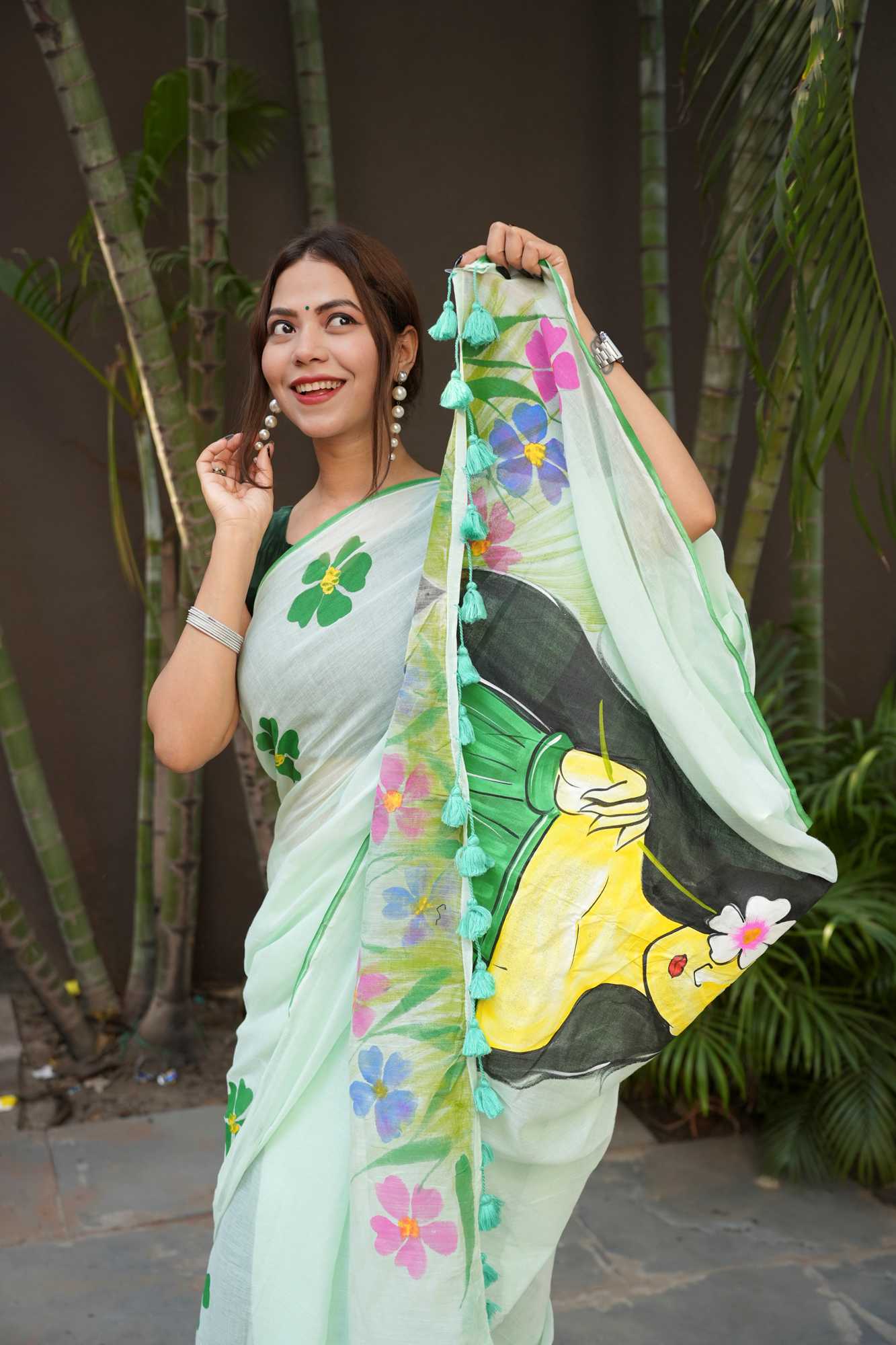 Hand-Painted Woman & Floral Mulmul Cotton Ready To Wear Saree