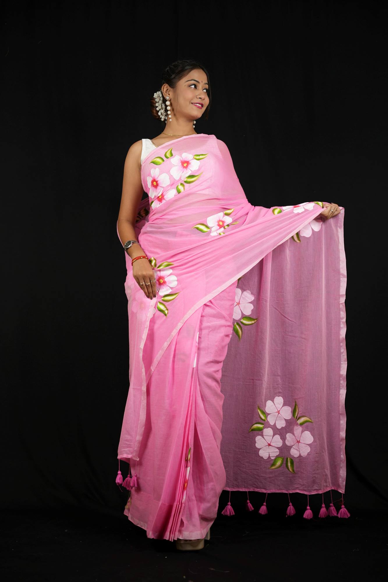 Light Pink Hand-Painted with Delicate Floral Motifs Ready To Wear Saree