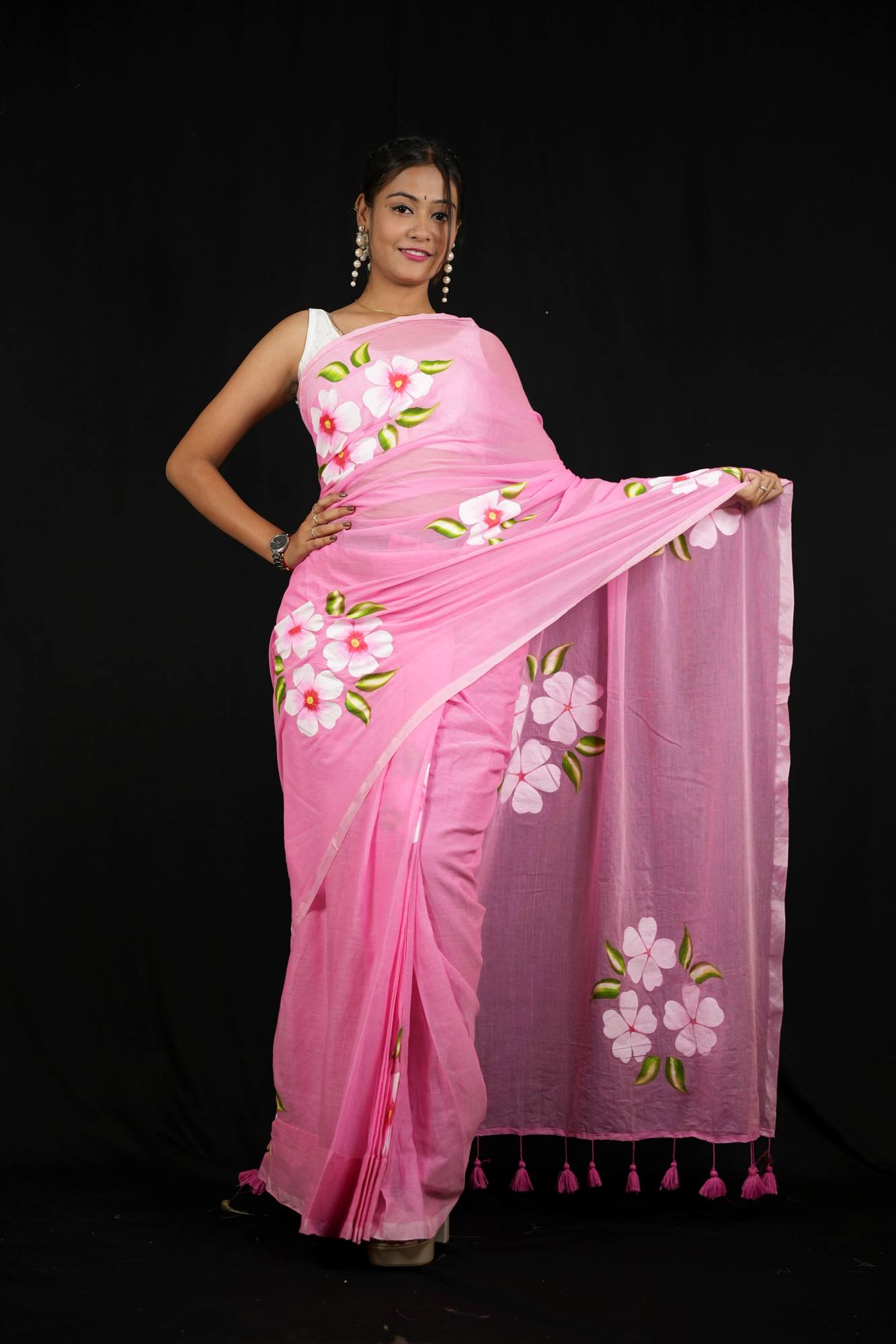 Light Pink Hand-Painted with Delicate Floral Motifs Ready To Wear Saree