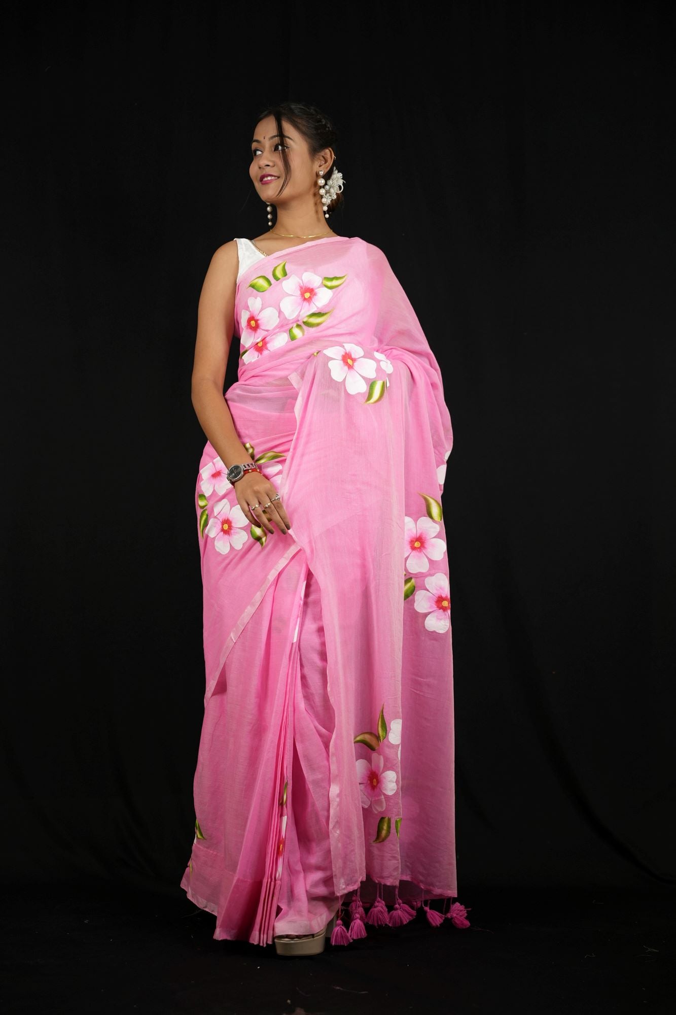 Light Pink Hand-Painted with Delicate Floral Motifs Ready To Wear Saree