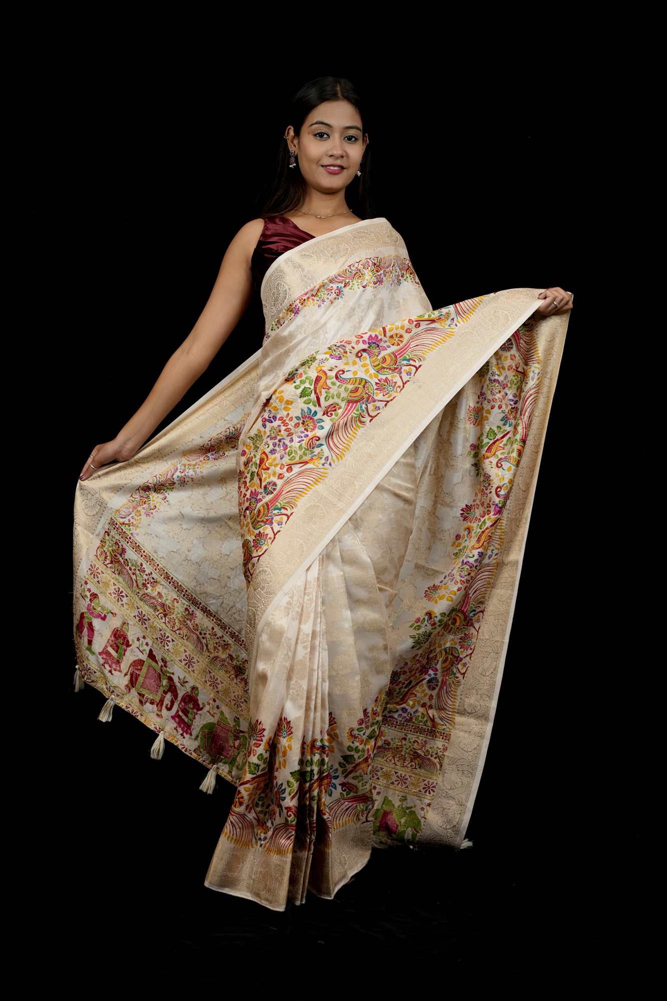 Tussar Inspired Silk with Zari Border & Heritage Motifs Ready To Wear Saree