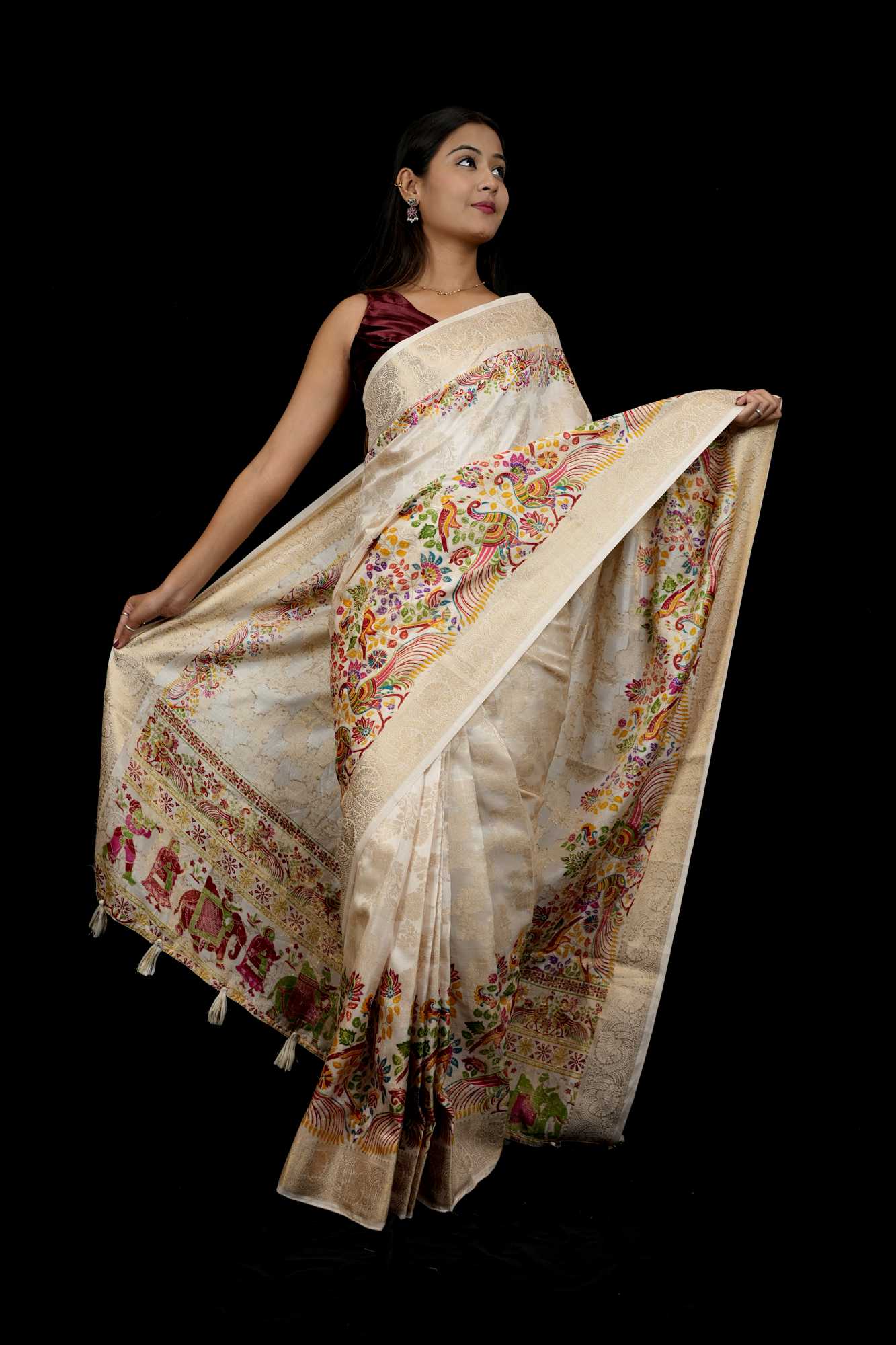 Tussar Inspired Silk with Zari Border & Heritage Motifs Ready To Wear Saree