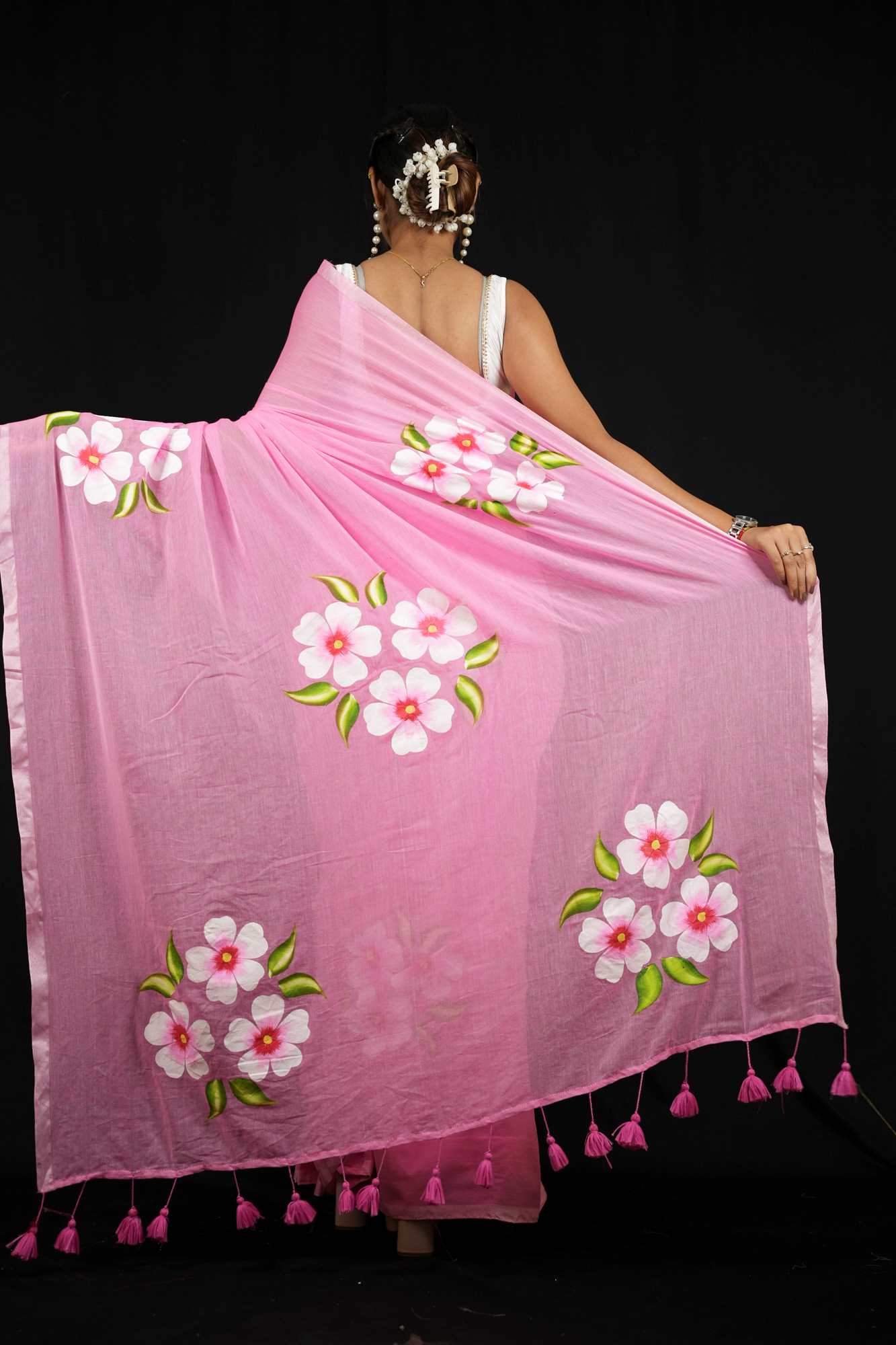 Light Pink Hand-Painted with Delicate Floral Motifs Ready To Wear Saree