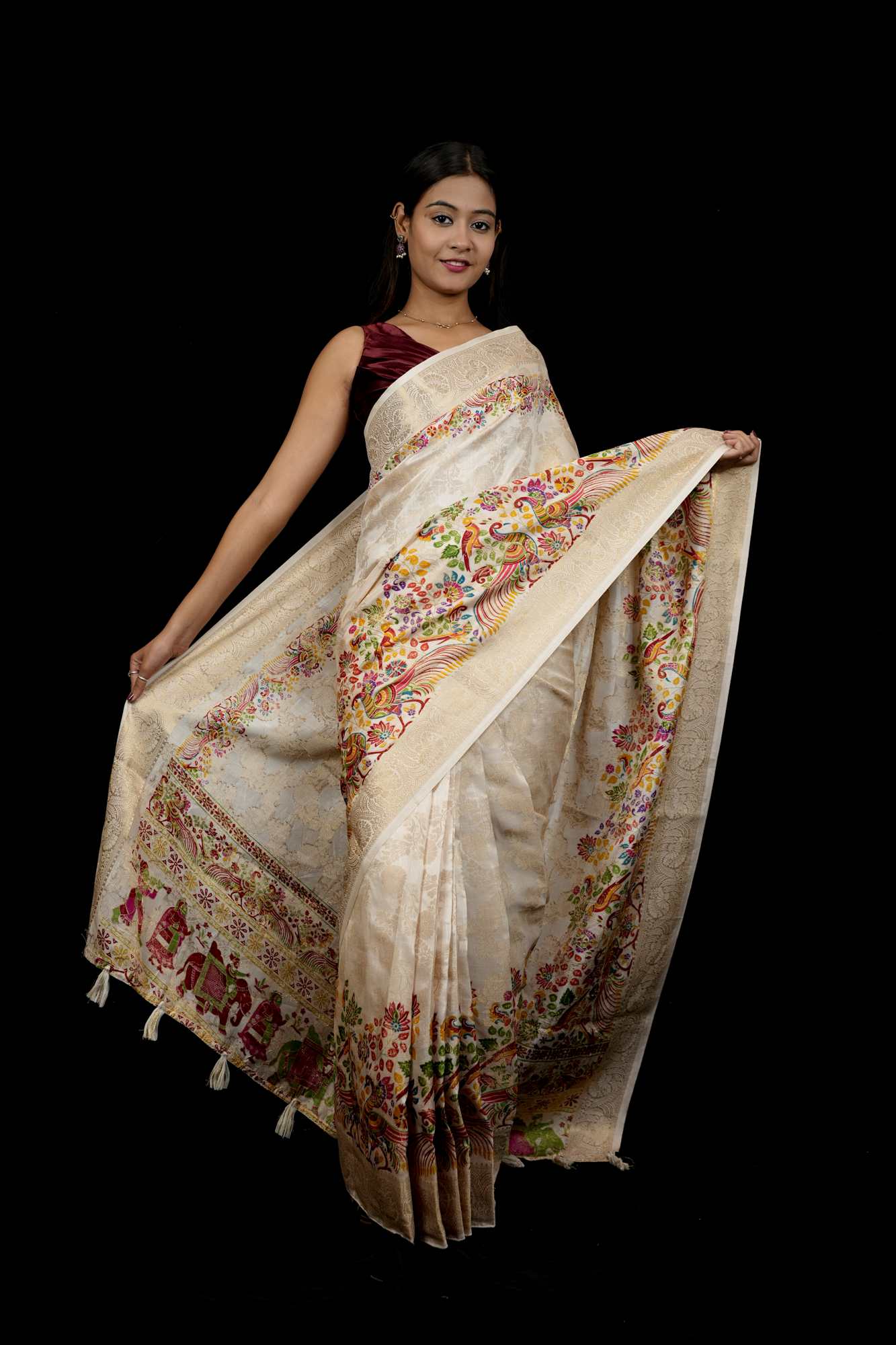 Tussar Inspired Silk with Zari Border & Heritage Motifs Ready To Wear Saree