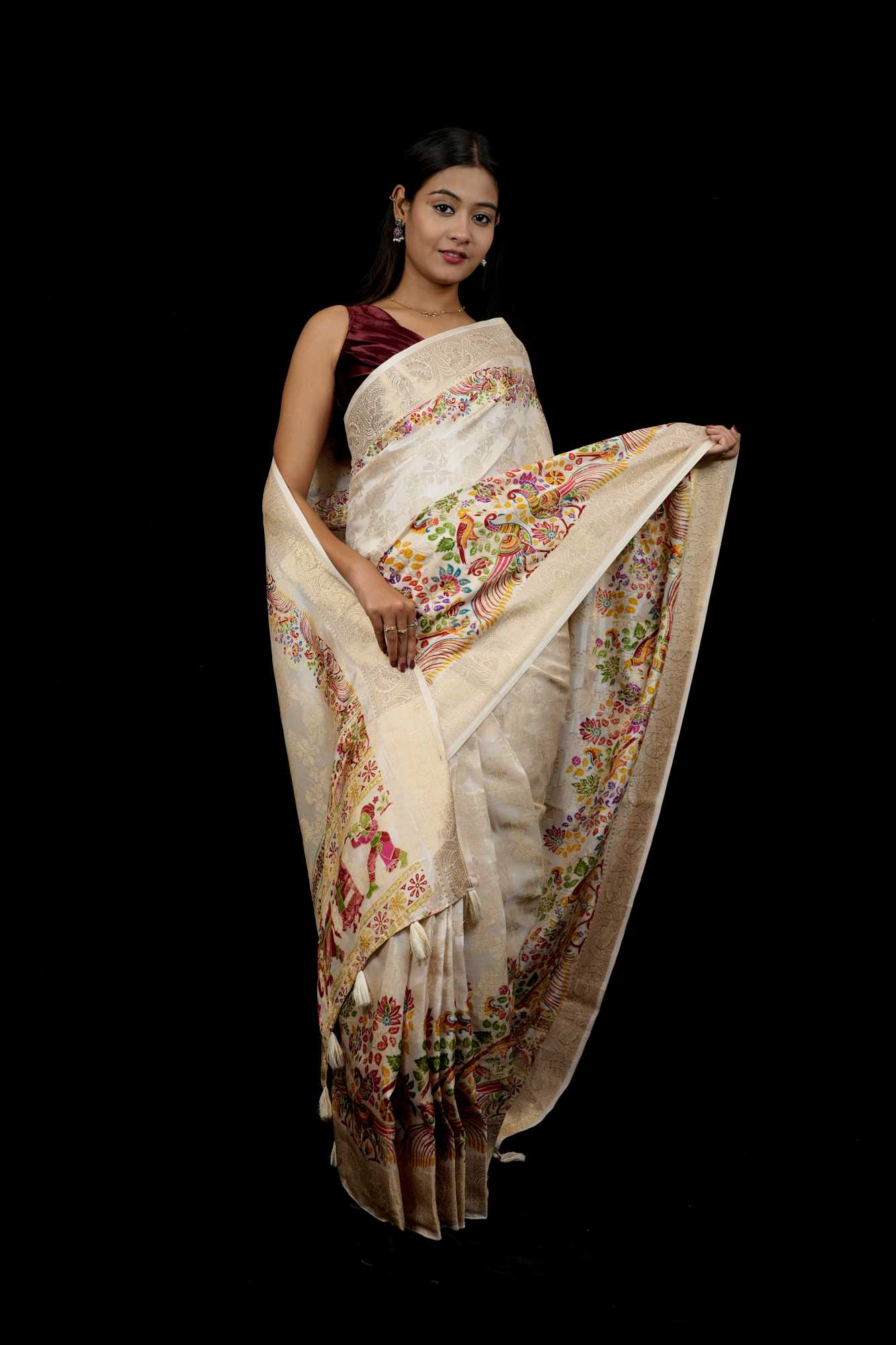 Tussar Inspired Silk with Zari Border & Heritage Motifs Ready To Wear Saree
