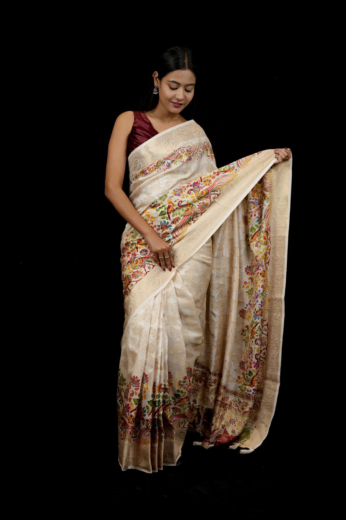 Tussar Inspired Silk with Zari Border & Heritage Motifs Ready To Wear Saree