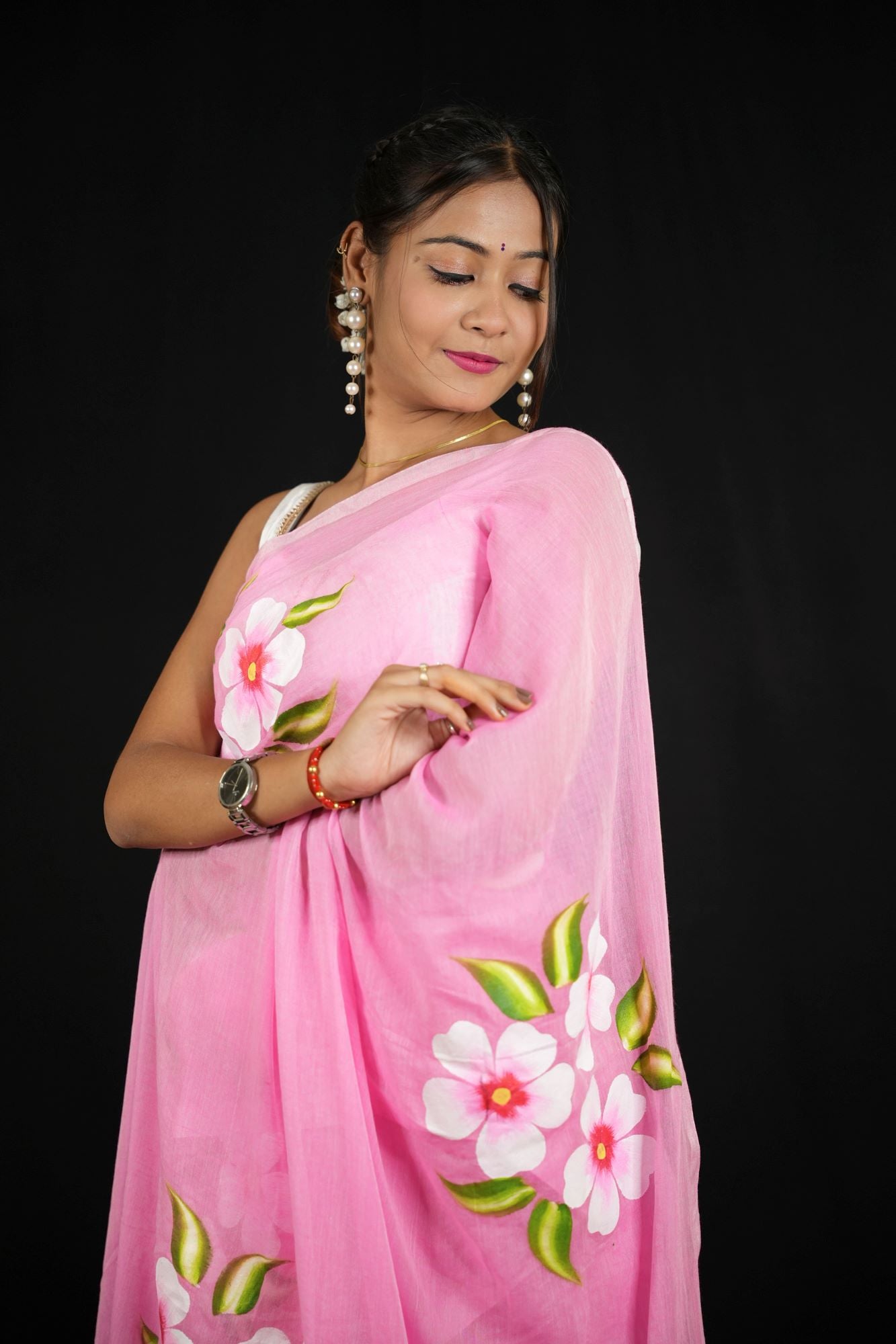 Light Pink Hand-Painted with Delicate Floral Motifs Ready To Wear Saree