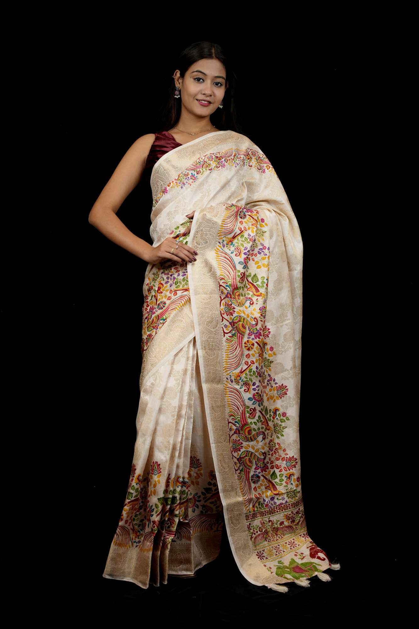 Tussar Inspired Silk with Zari Border & Heritage Motifs Ready To Wear Saree