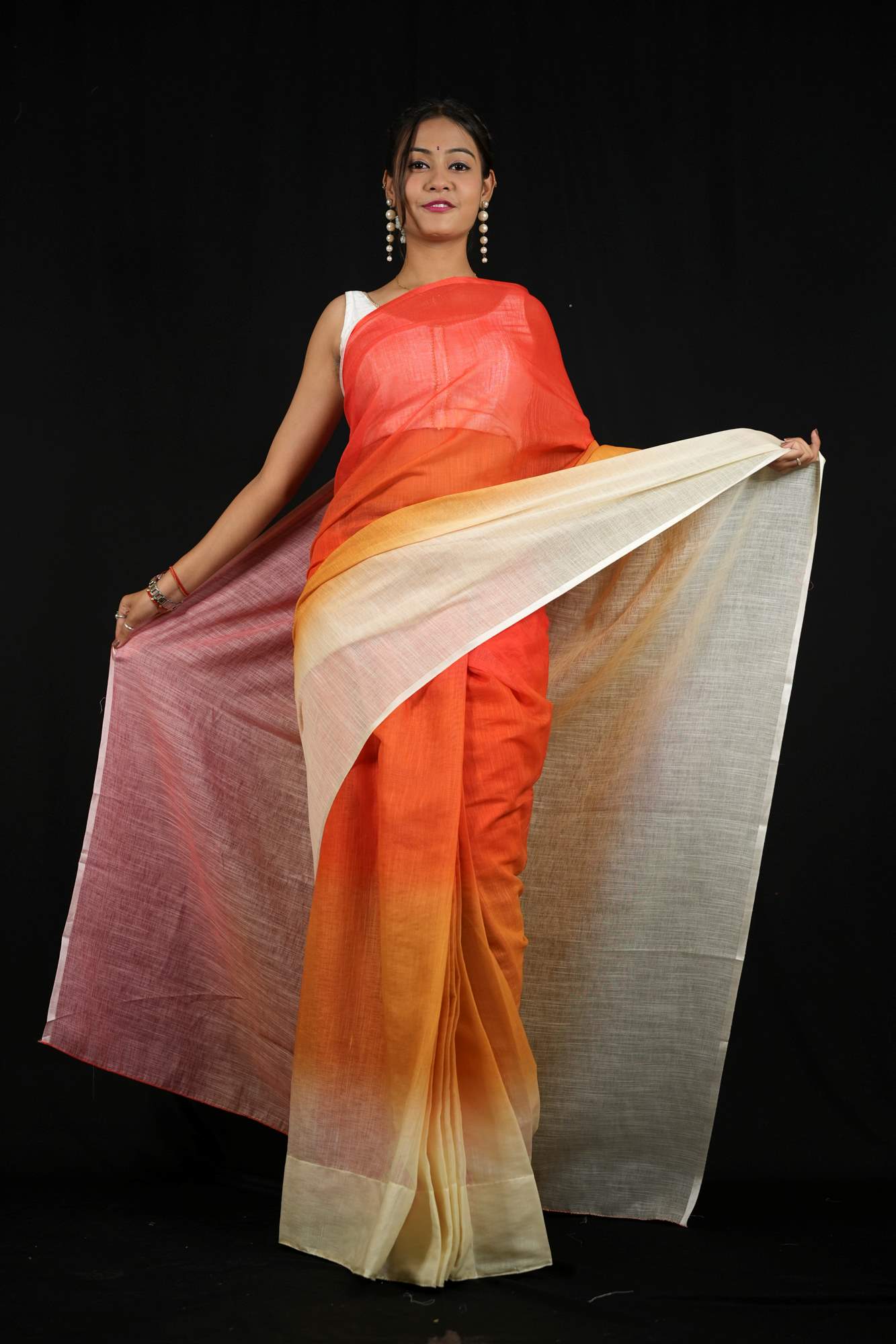Linen in Fiery Red, Sunset Orange & Soft Yellow Ready To Wear Saree