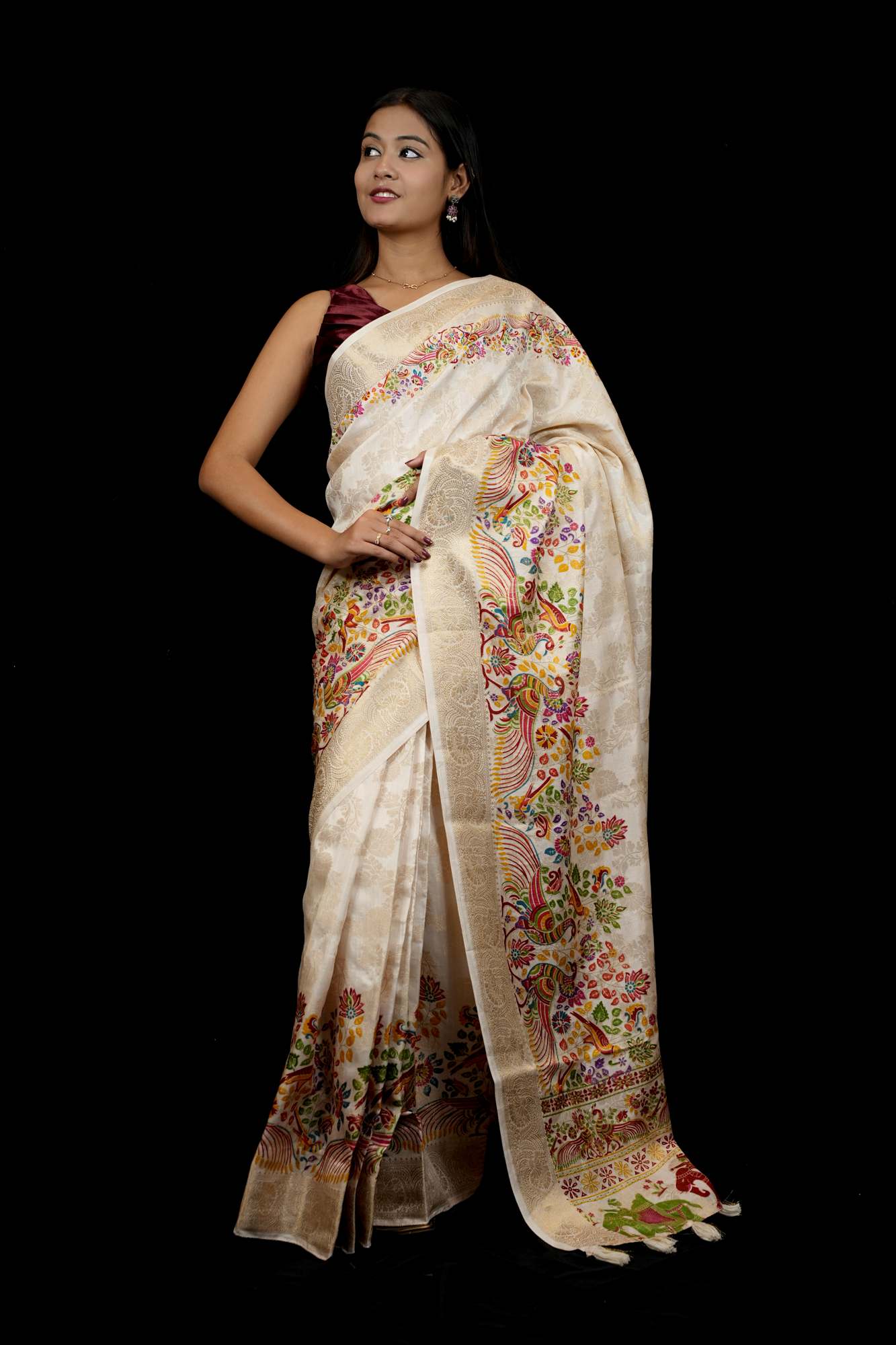 Tussar Inspired Silk with Zari Border & Heritage Motifs Ready To Wear Saree