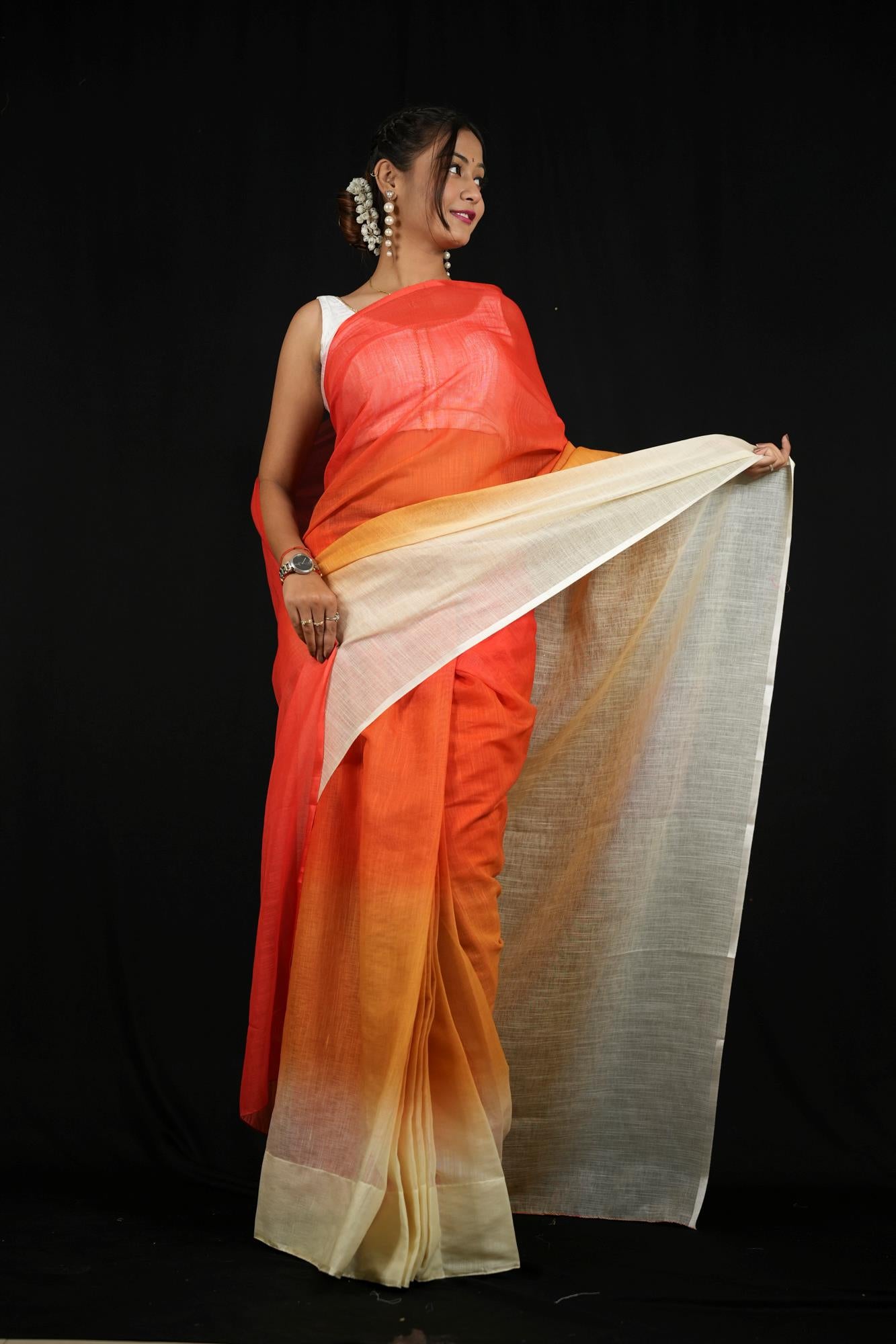 Linen in Fiery Red, Sunset Orange & Soft Yellow Ready To Wear Saree