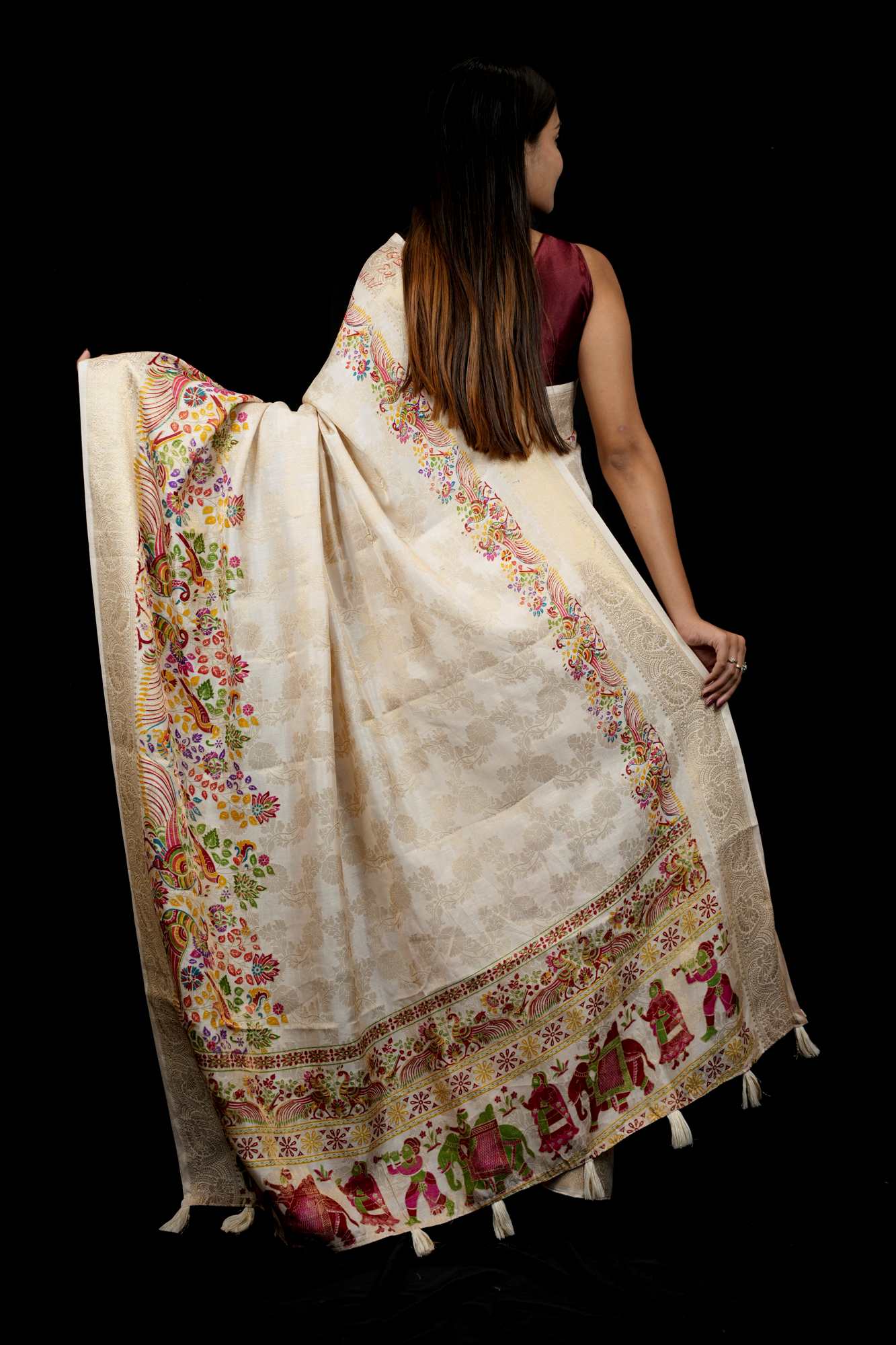 Tussar Inspired Silk with Zari Border & Heritage Motifs Ready To Wear Saree