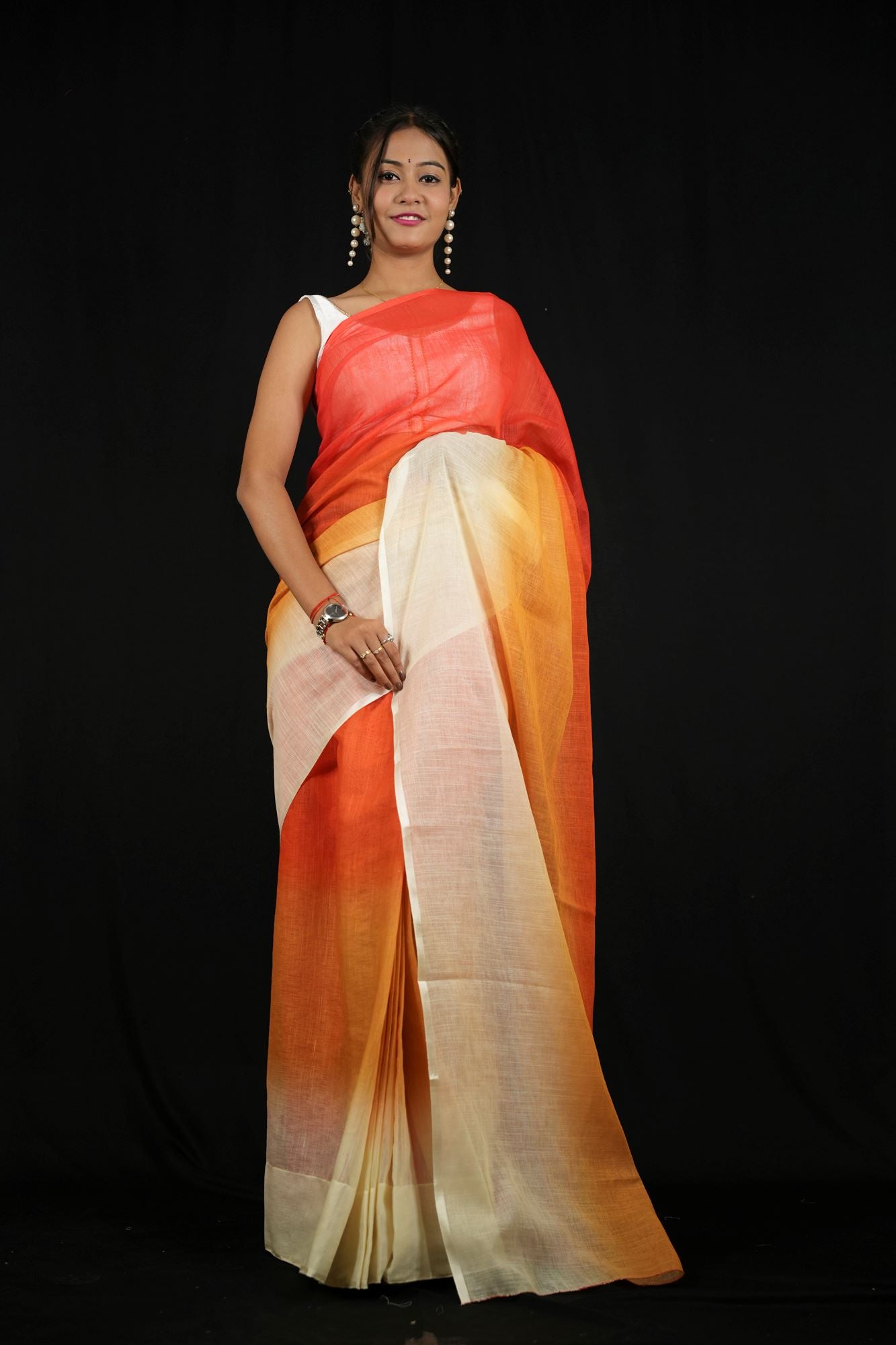 Linen in Fiery Red, Sunset Orange & Soft Yellow Ready To Wear Saree
