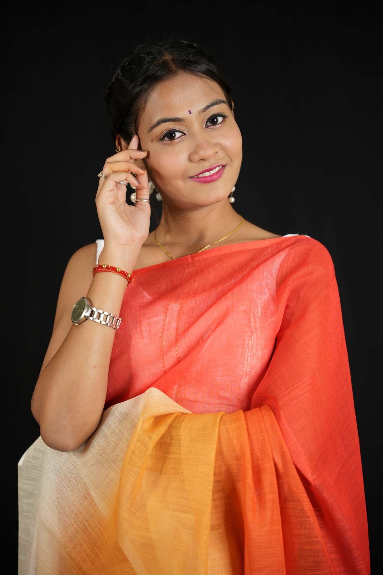 Linen in Fiery Red, Sunset Orange & Soft Yellow Ready To Wear Saree