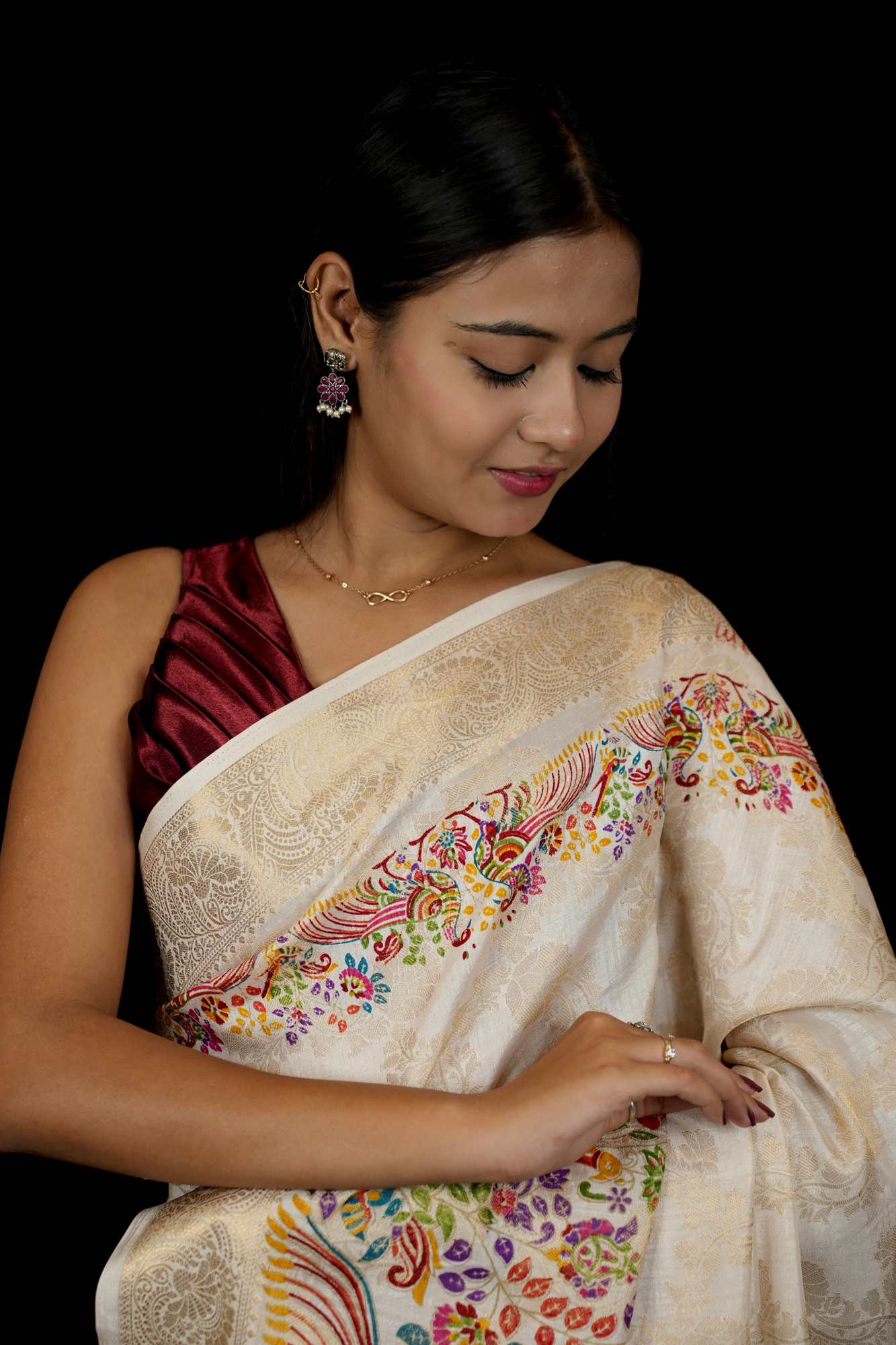 Tussar Inspired Silk with Zari Border & Heritage Motifs Ready To Wear Saree