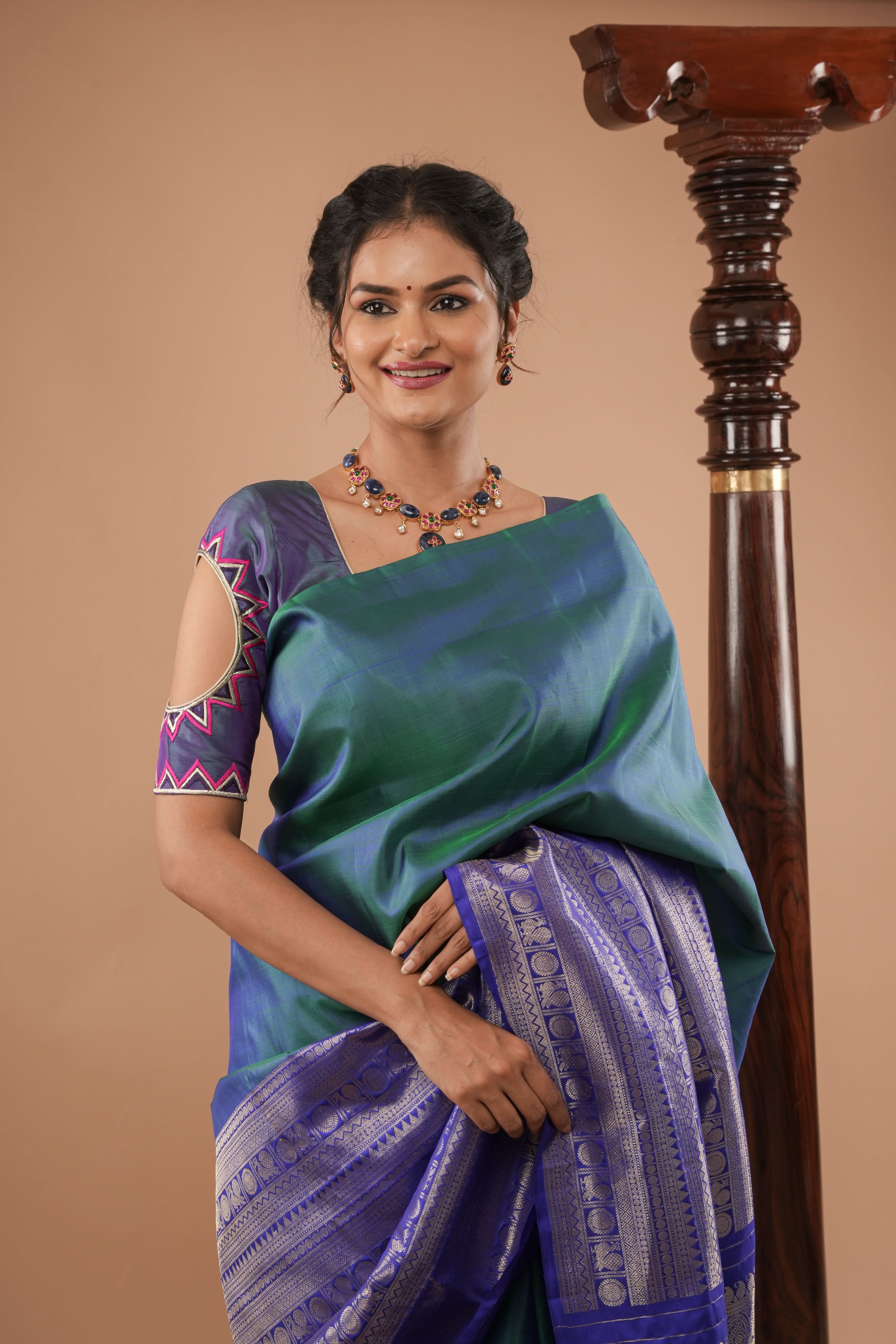 Peacock Blue Pure Silk Blouse With Mandala Cutout And Sunburst Embroidery | Shobitam