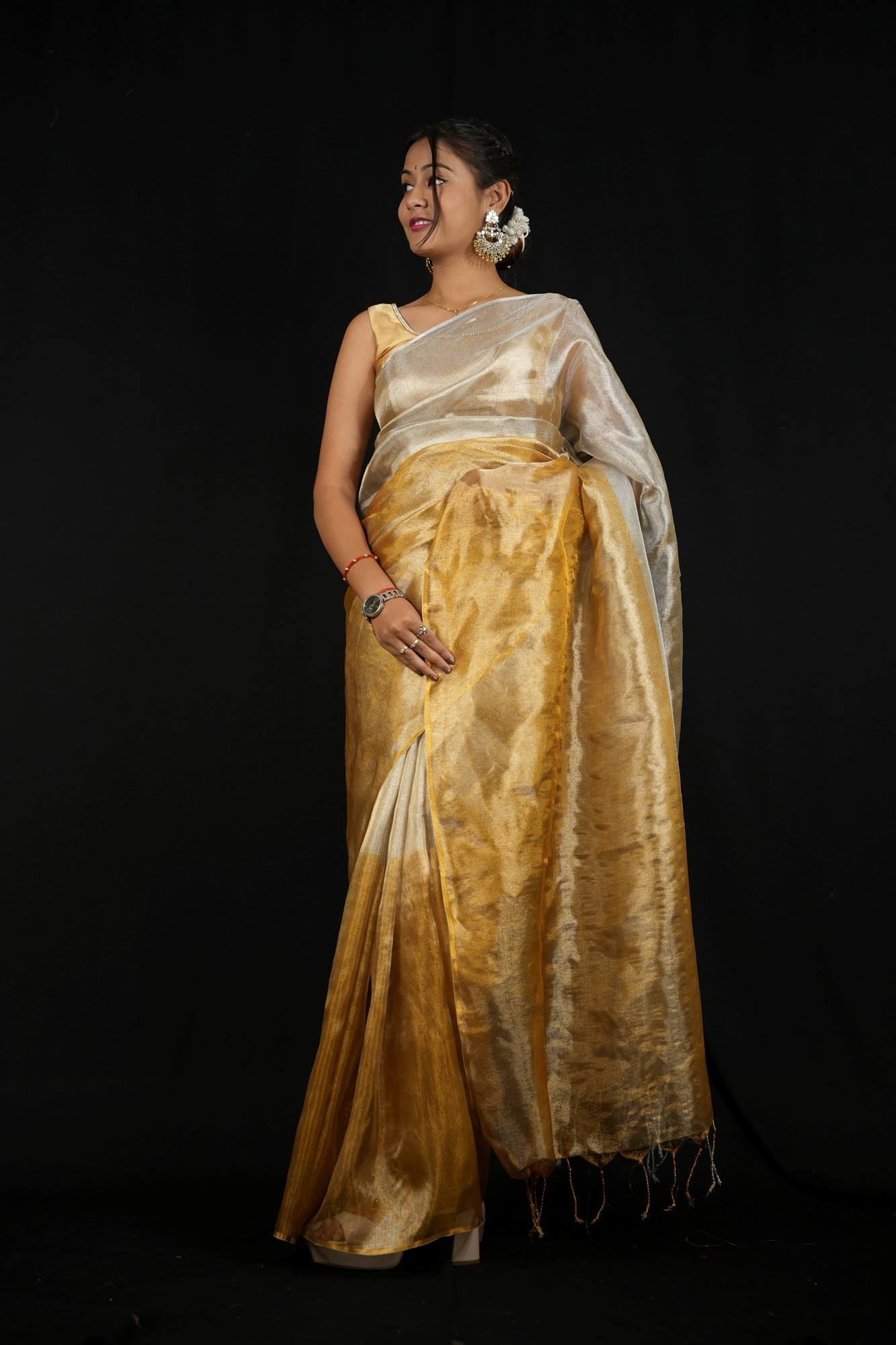 Gold and Silver Tissue Silk with Ombre Effect and Shimmering Pallu Ready To Wear Saree