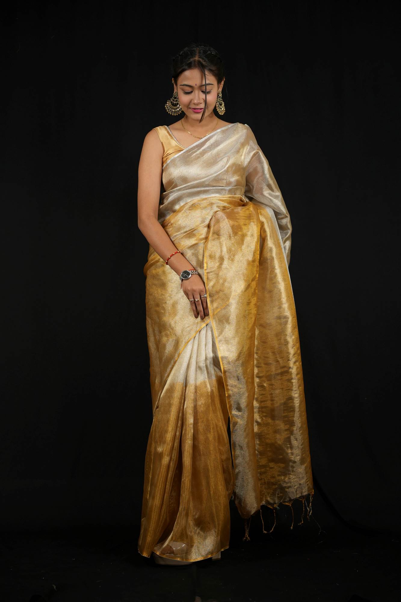 Gold and Silver Tissue Silk with Ombre Effect and Shimmering Pallu Ready To Wear Saree