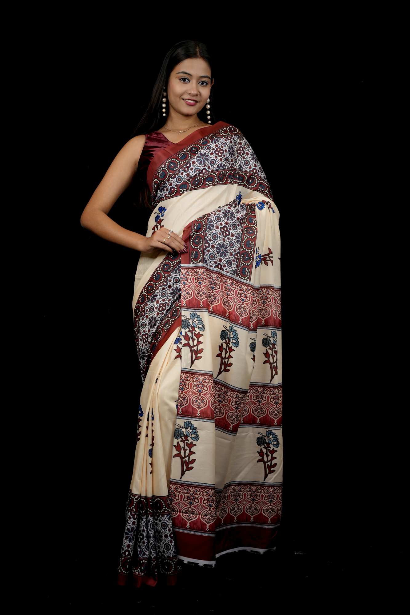 Ajrakh printed work wear prestitched ready to wear saree