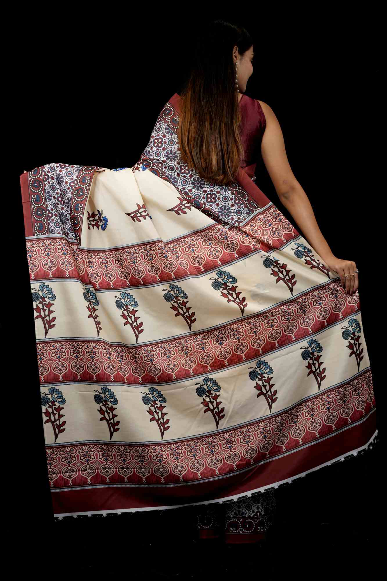Ajrakh printed work wear prestitched ready to wear saree
