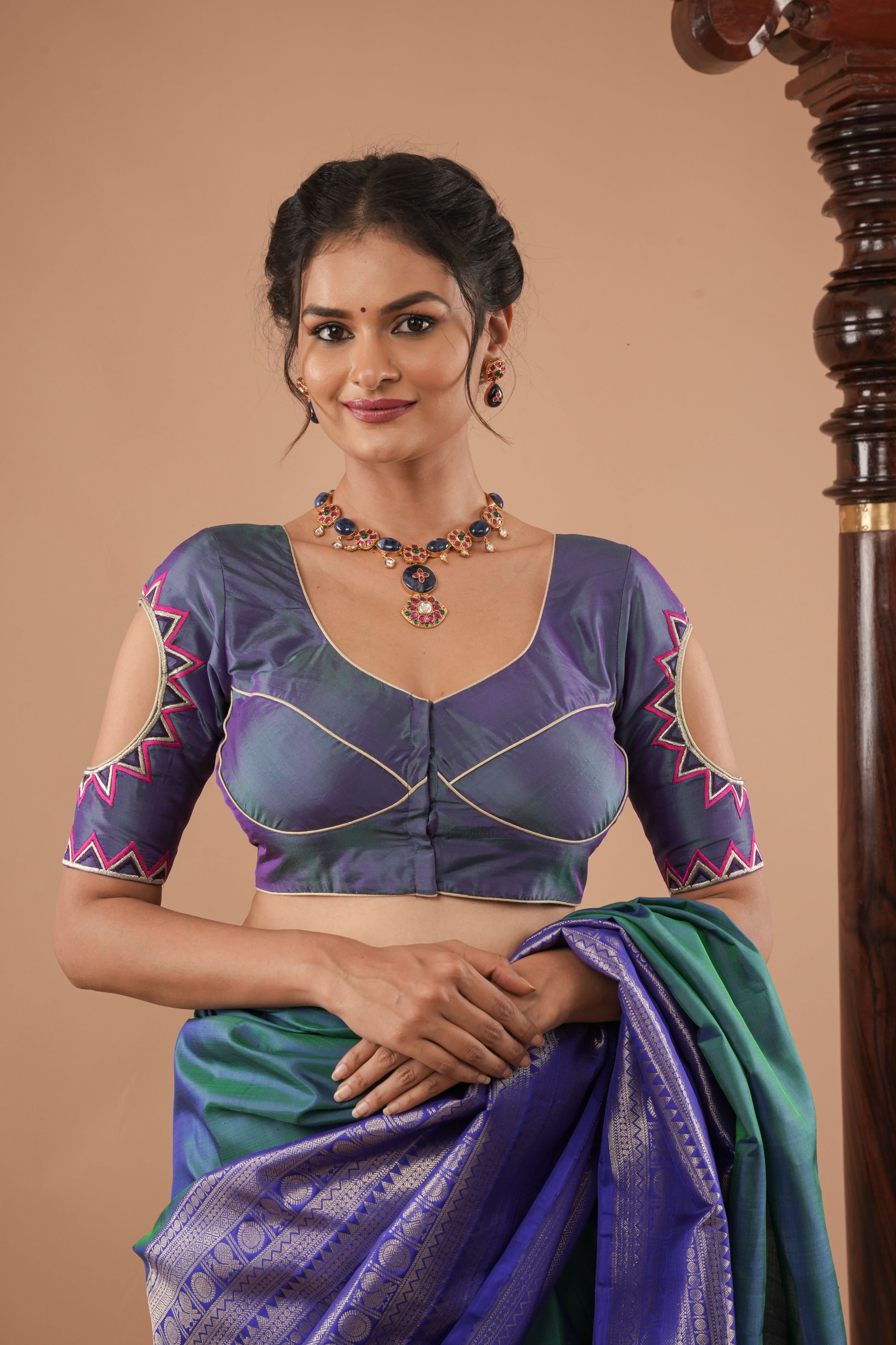 Peacock Blue Pure Silk Blouse With Mandala Cutout And Sunburst Embroidery | Shobitam