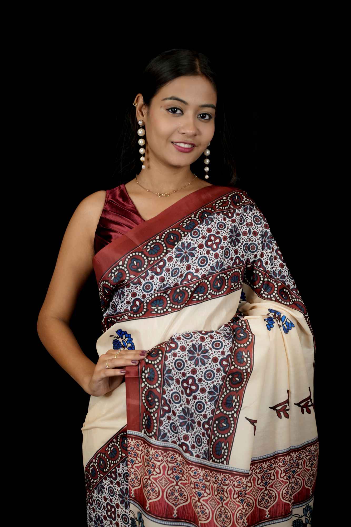 Ajrakh printed work wear prestitched ready to wear saree