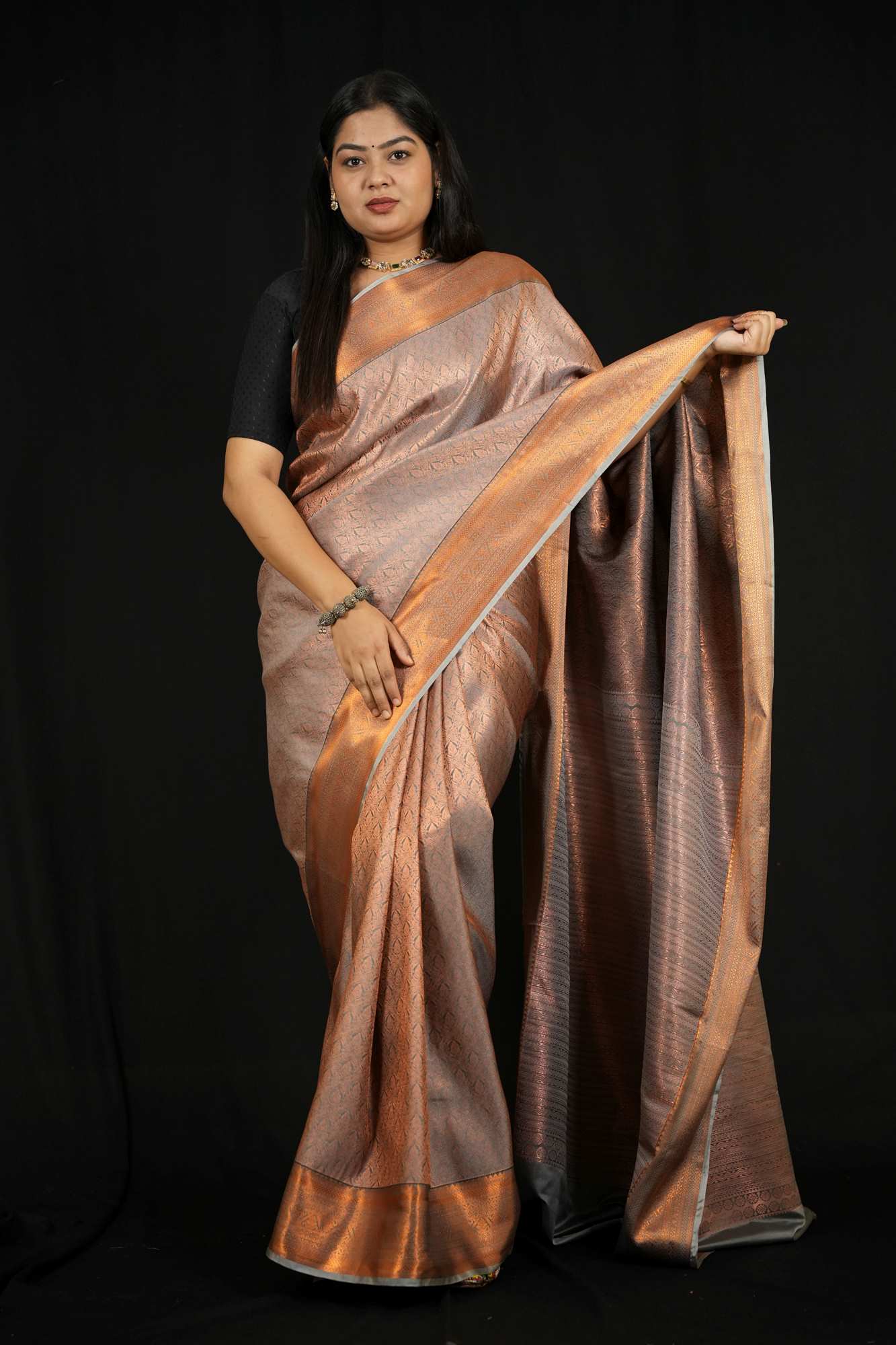 Copper Silk with Subtle Self-Weave Kanchipuram and Contrast Border Ready To Wear Saree
