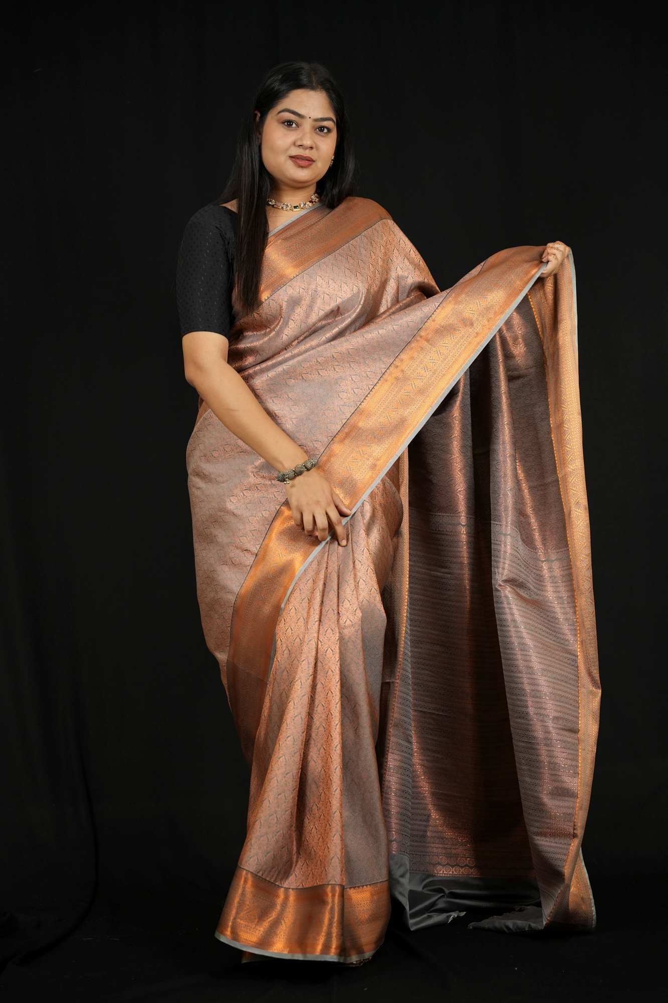 Copper Silk with Subtle Self-Weave Kanchipuram and Contrast Border Ready To Wear Saree