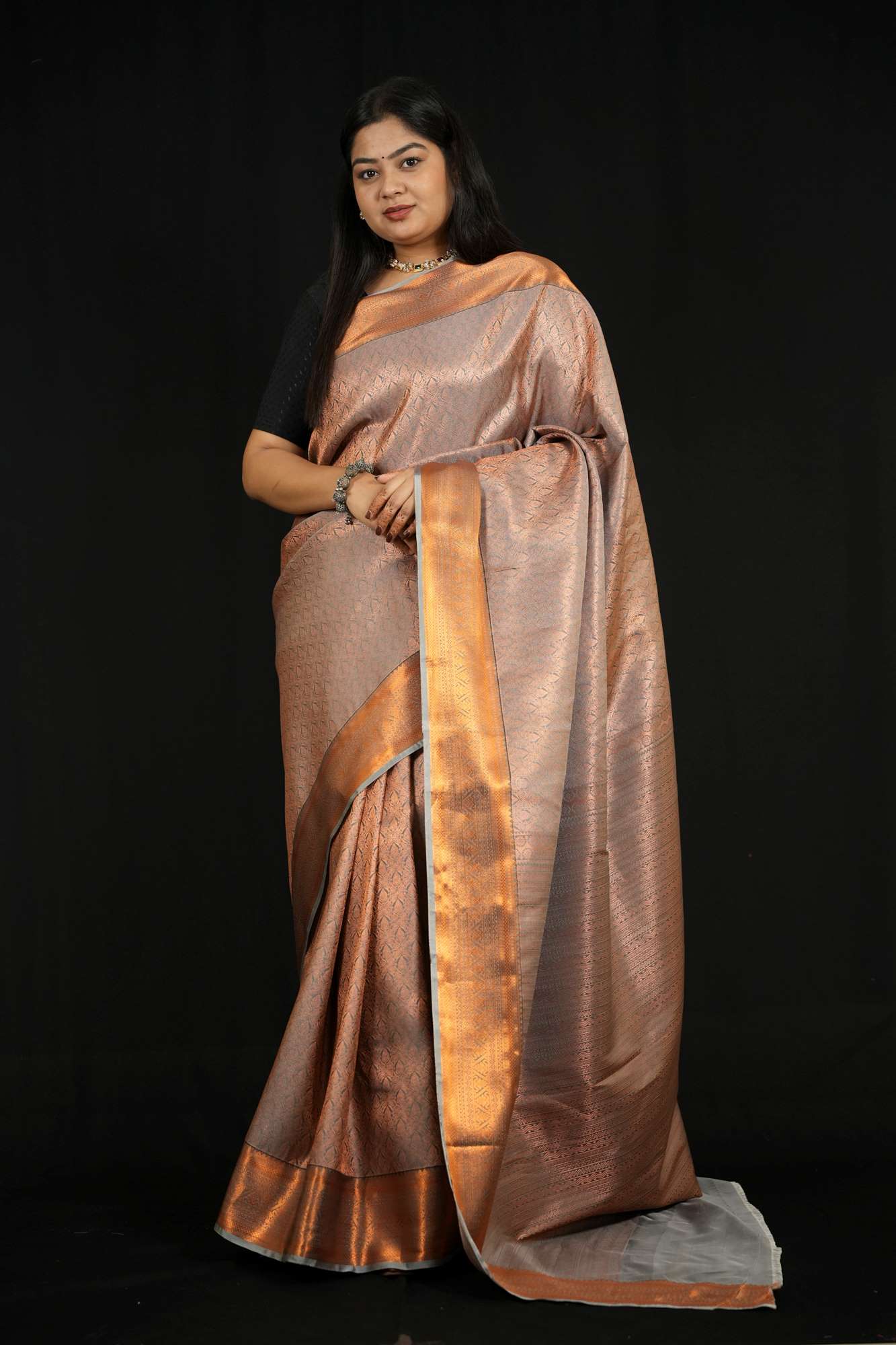 Copper Silk with Subtle Self-Weave Kanchipuram and Contrast Border Ready To Wear Saree