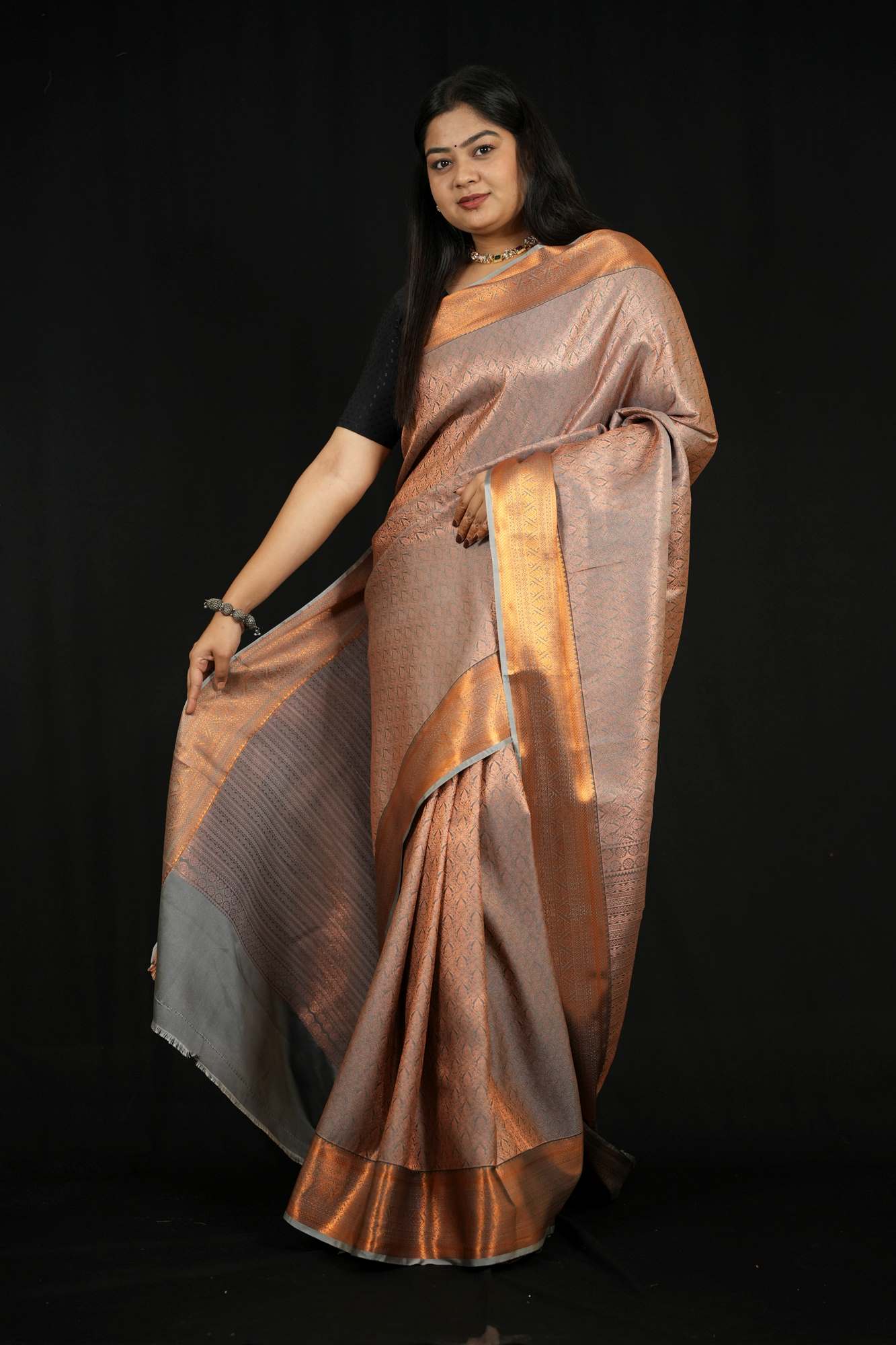 Copper Silk with Subtle Self-Weave Kanchipuram and Contrast Border Ready To Wear Saree