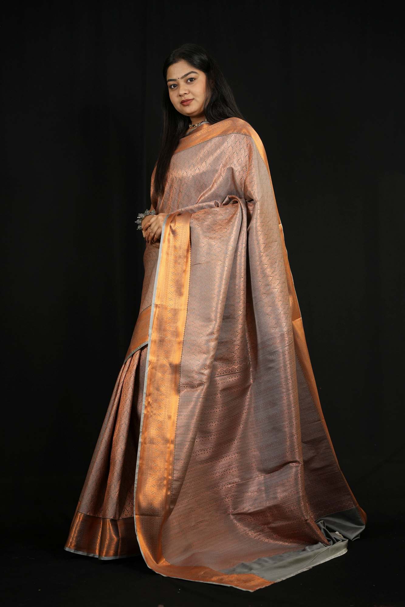 Copper Silk with Subtle Self-Weave Kanchipuram and Contrast Border Ready To Wear Saree
