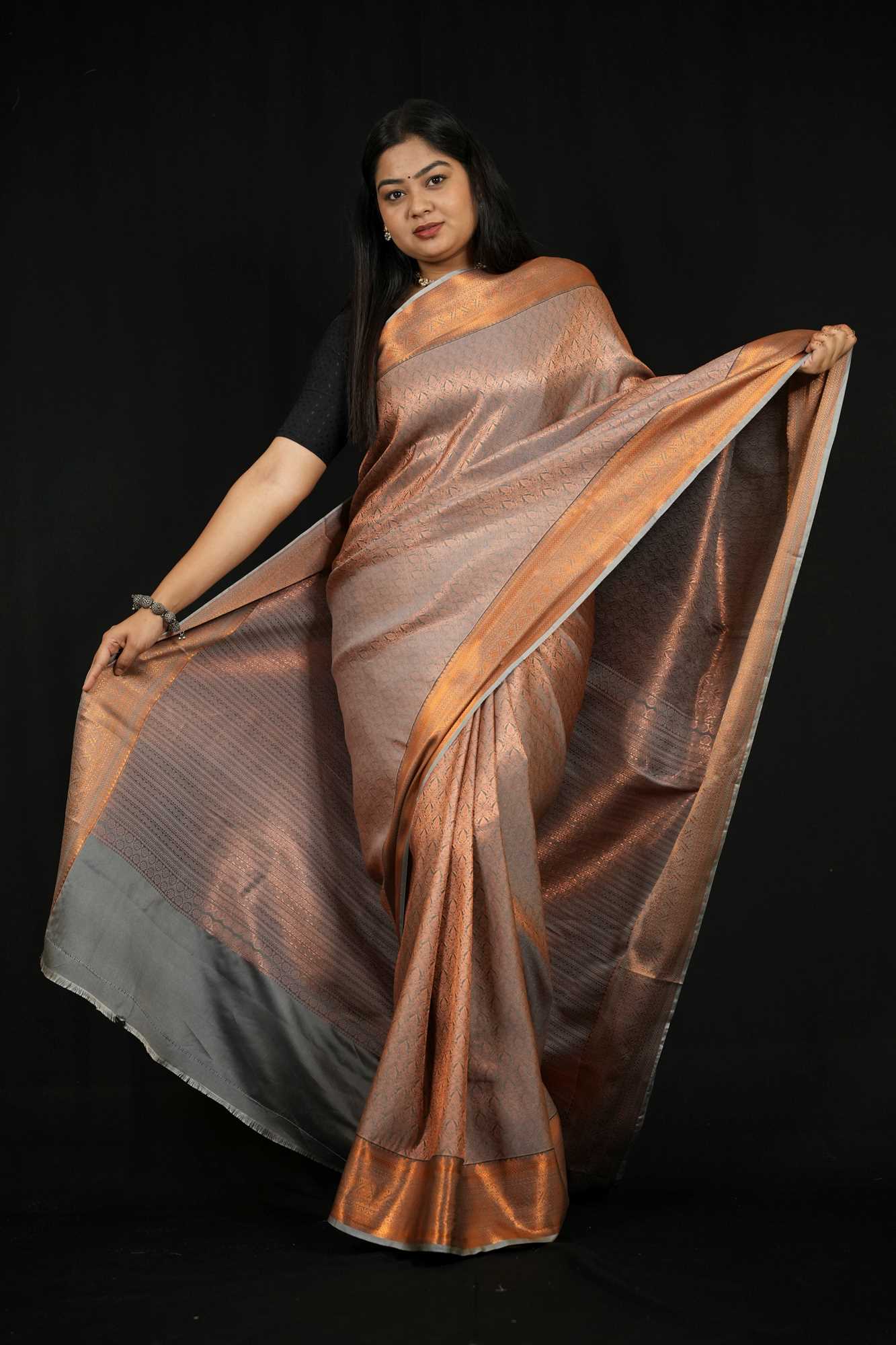 Copper Silk with Subtle Self-Weave Kanchipuram and Contrast Border Ready To Wear Saree