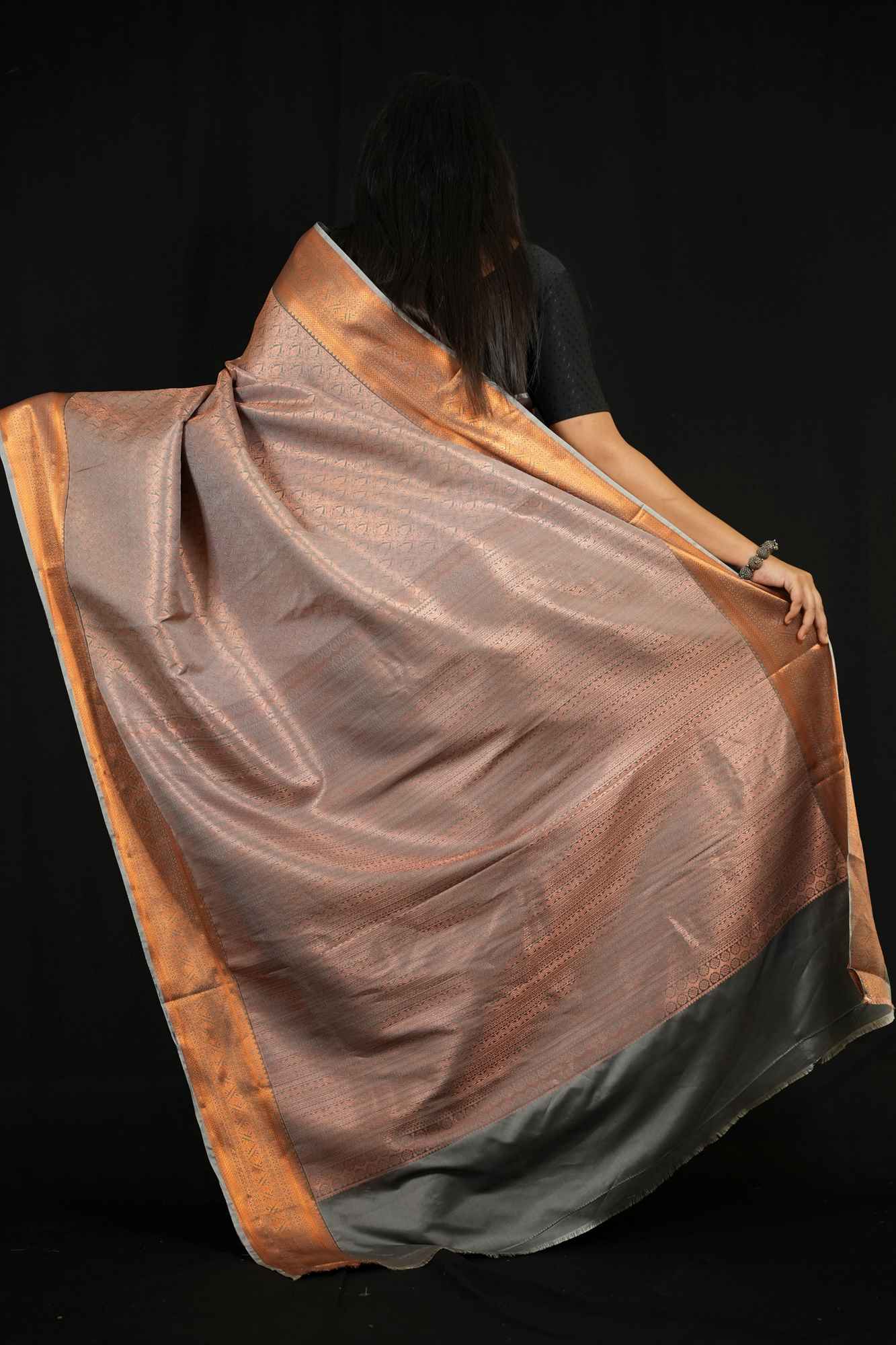 Copper Silk with Subtle Self-Weave Kanchipuram and Contrast Border Ready To Wear Saree