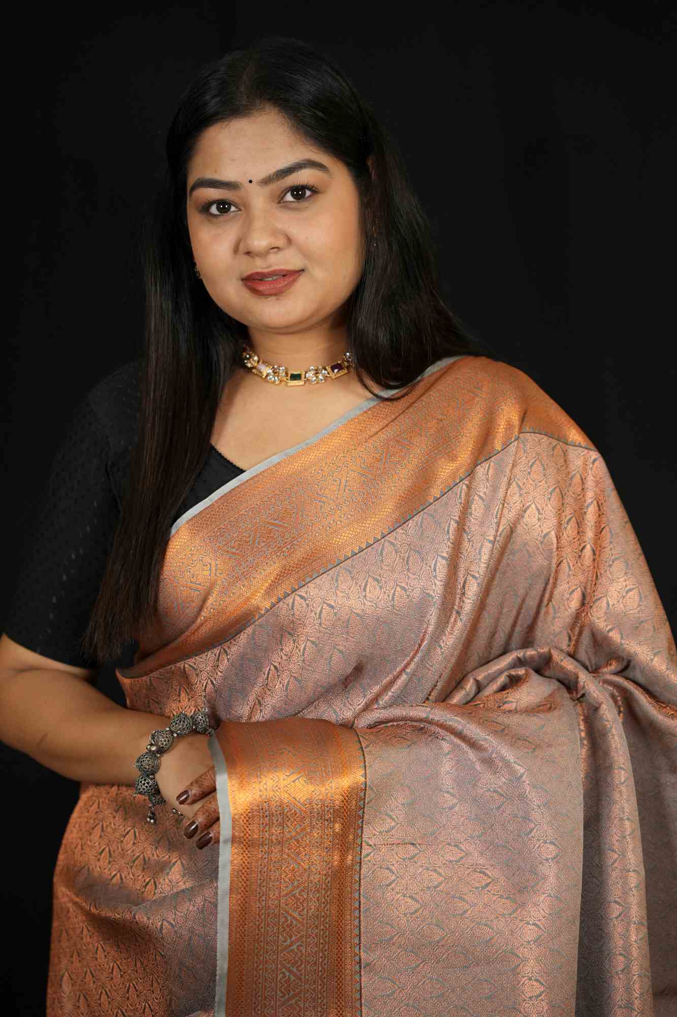 Copper Silk with Subtle Self-Weave Kanchipuram and Contrast Border Ready To Wear Saree