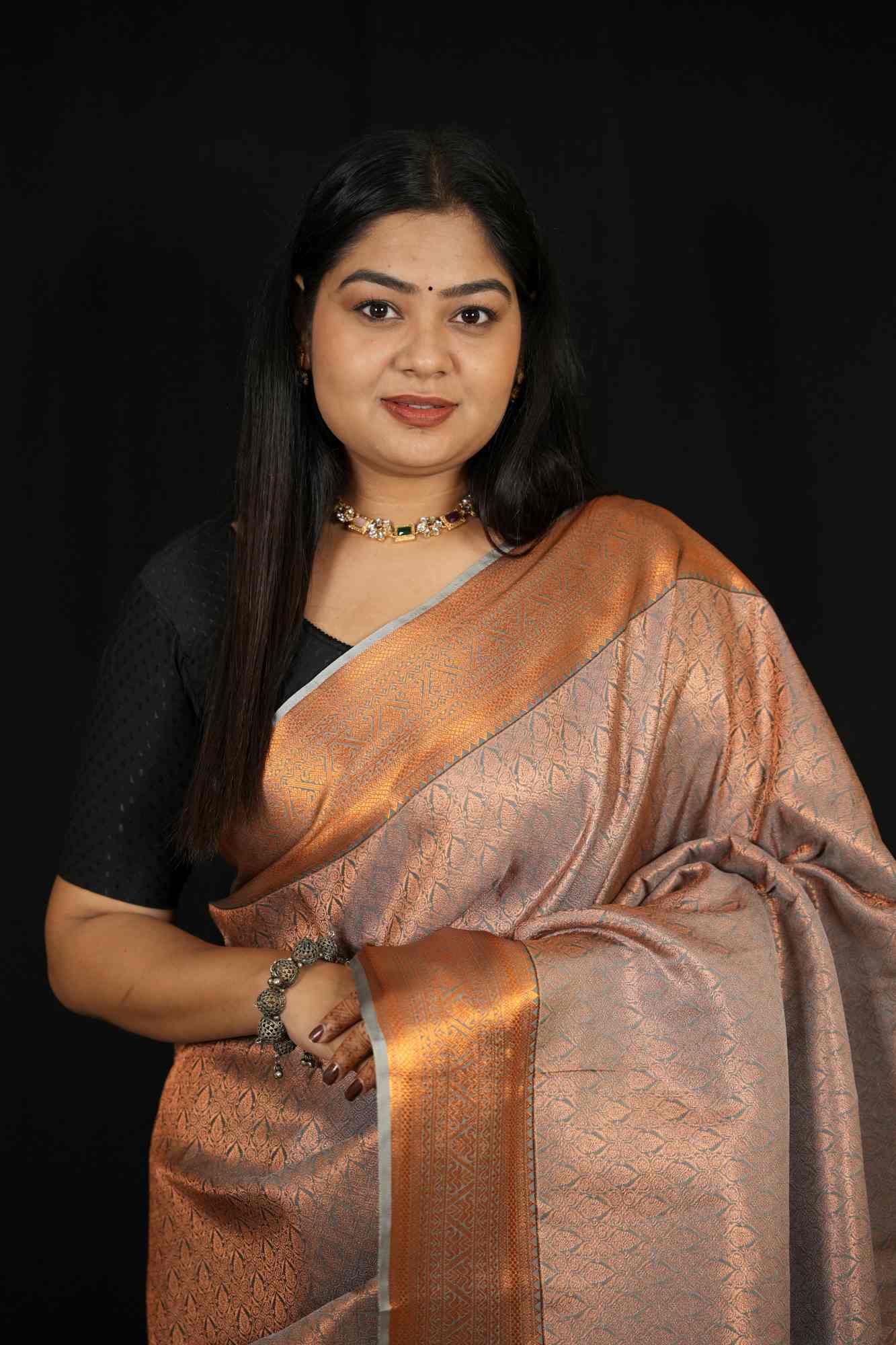 Copper Silk with Subtle Self-Weave Kanchipuram and Contrast Border Ready To Wear Saree